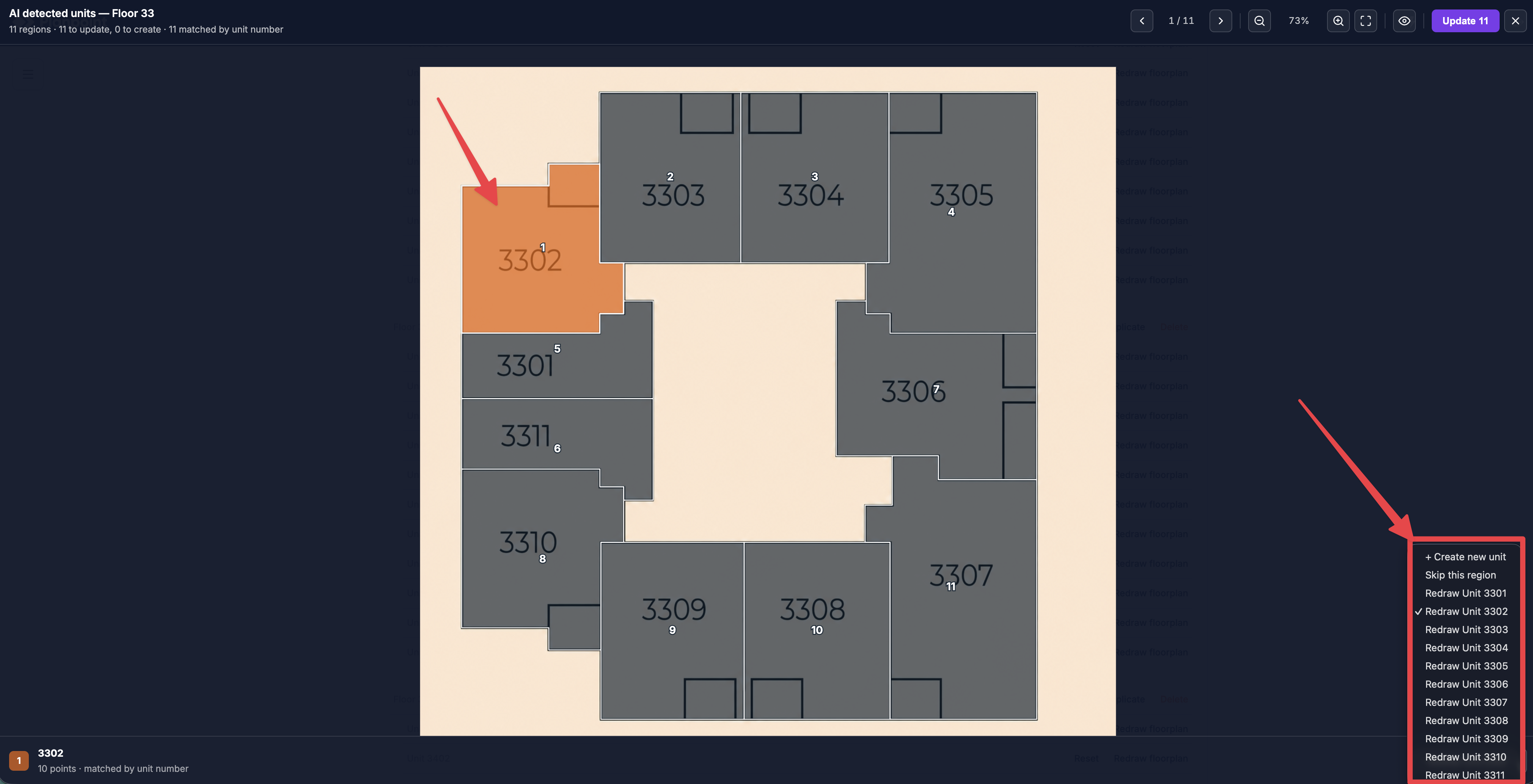 AI unit detection review showing numbered floorplan outlines and controls to create, skip, or assign each detected region