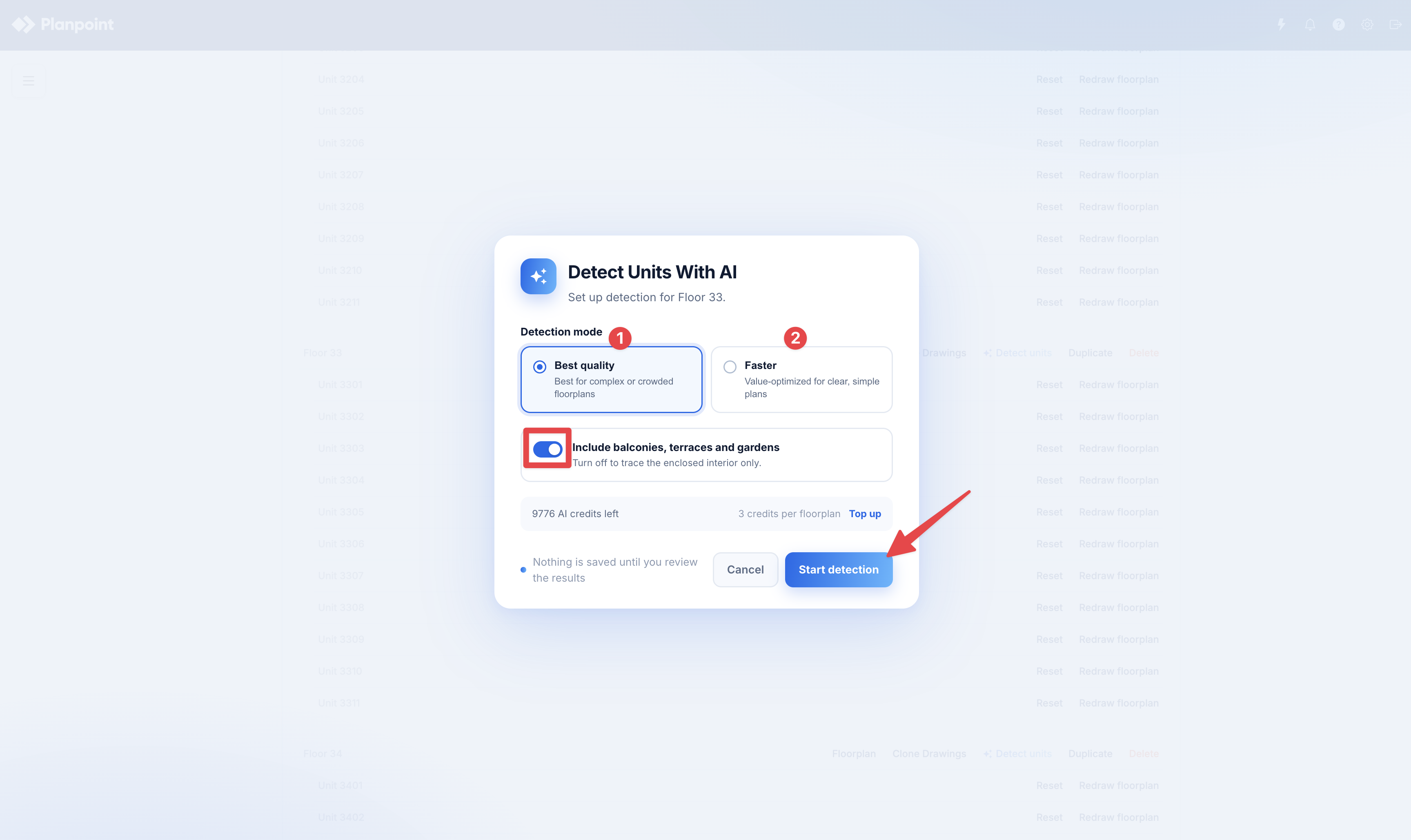 Detect Units With AI setup showing Best quality and Faster modes, the outdoor-area toggle, credit cost, and Start detection button