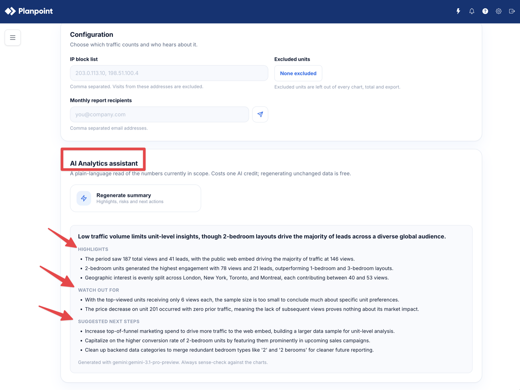 AI Analytics assistant summary with Highlights, Watch out for and Suggested next steps