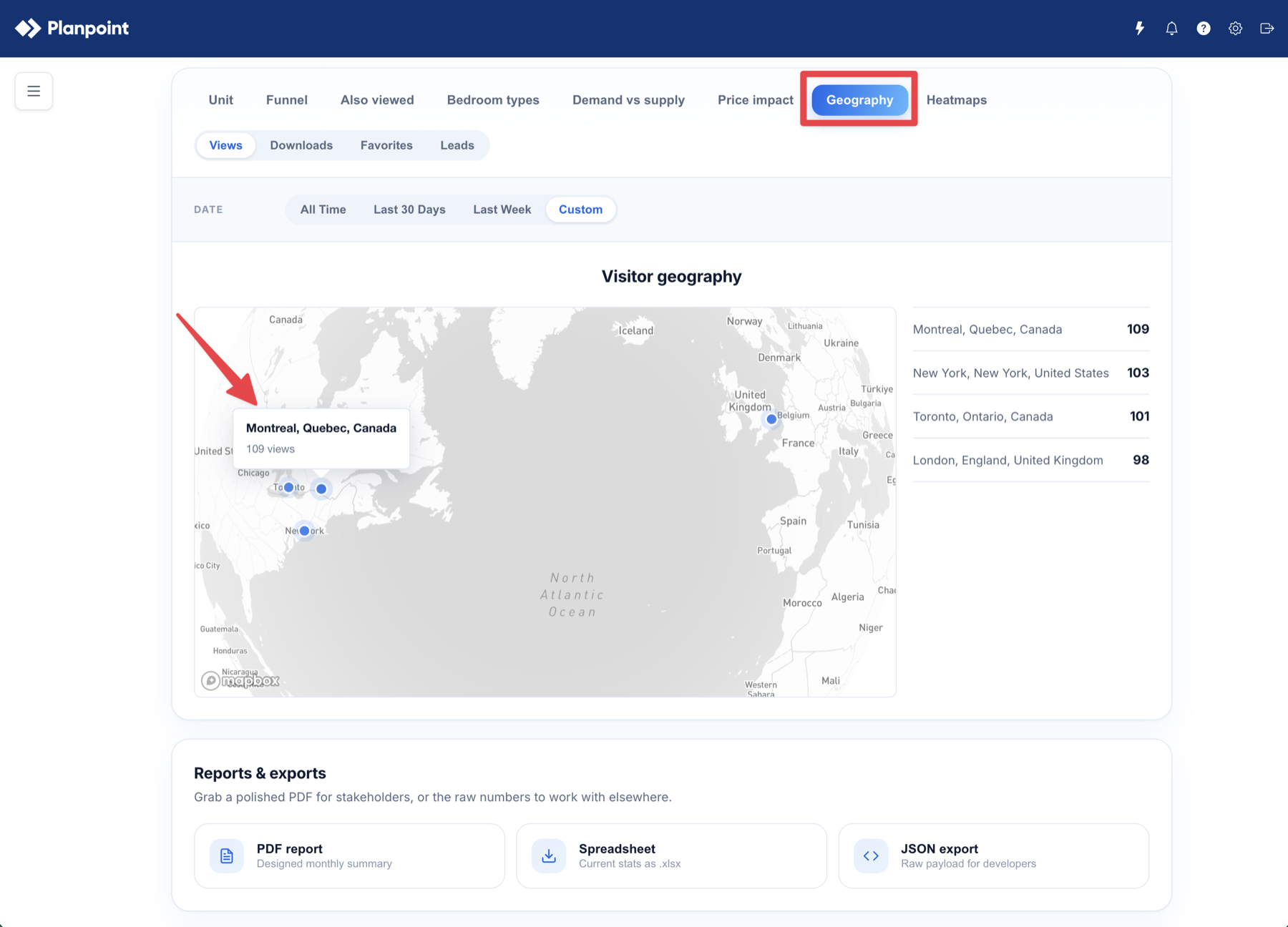 Visitor geography map with engagement locations and a Montreal tooltip