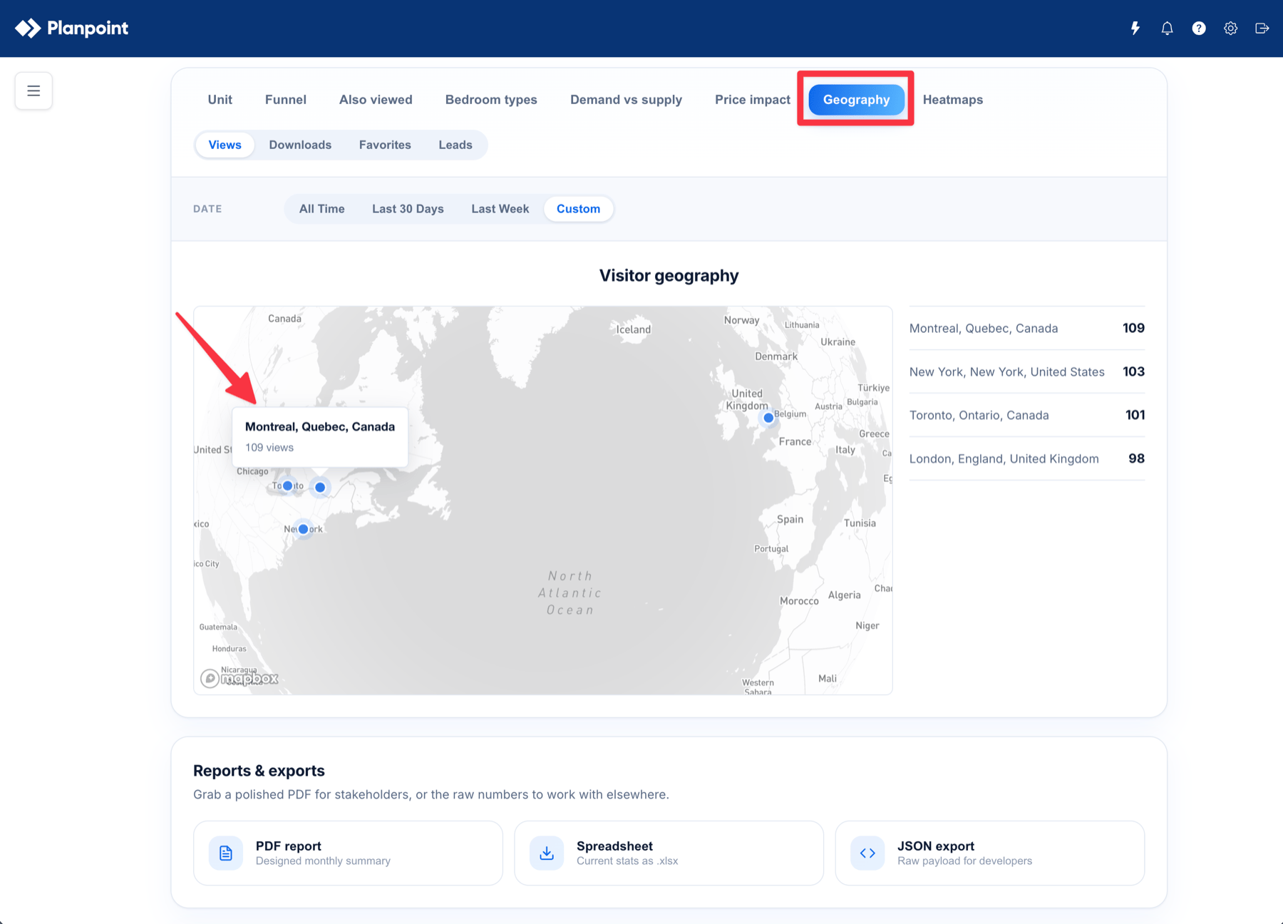 Visitor geography map with engagement locations and a Montreal tooltip