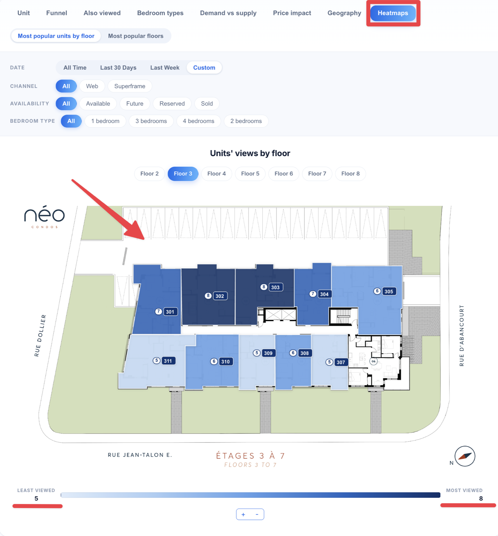 Analytics floorplan heatmap with units shaded by view count