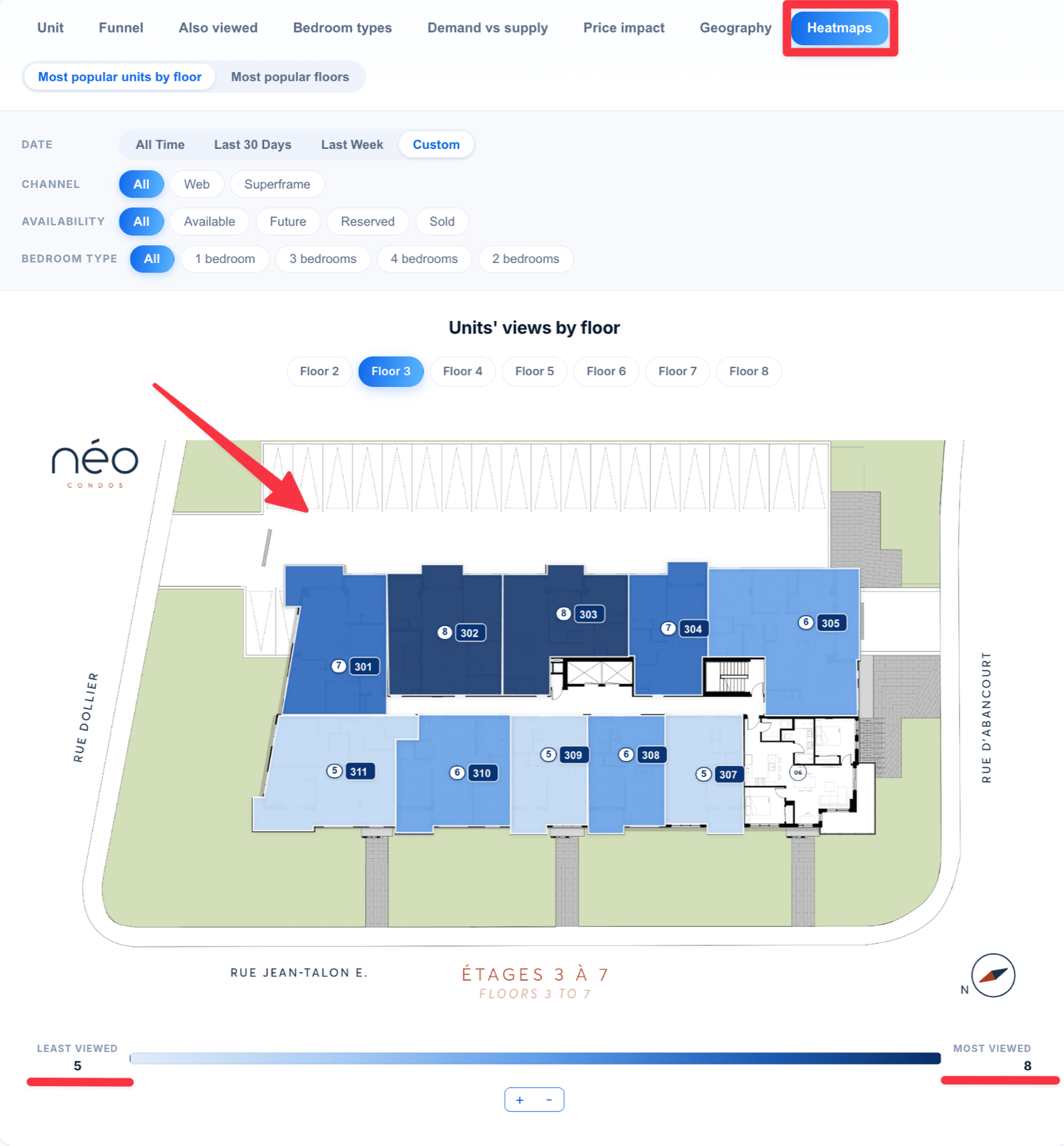 Analytics floorplan heatmap with units shaded by view count