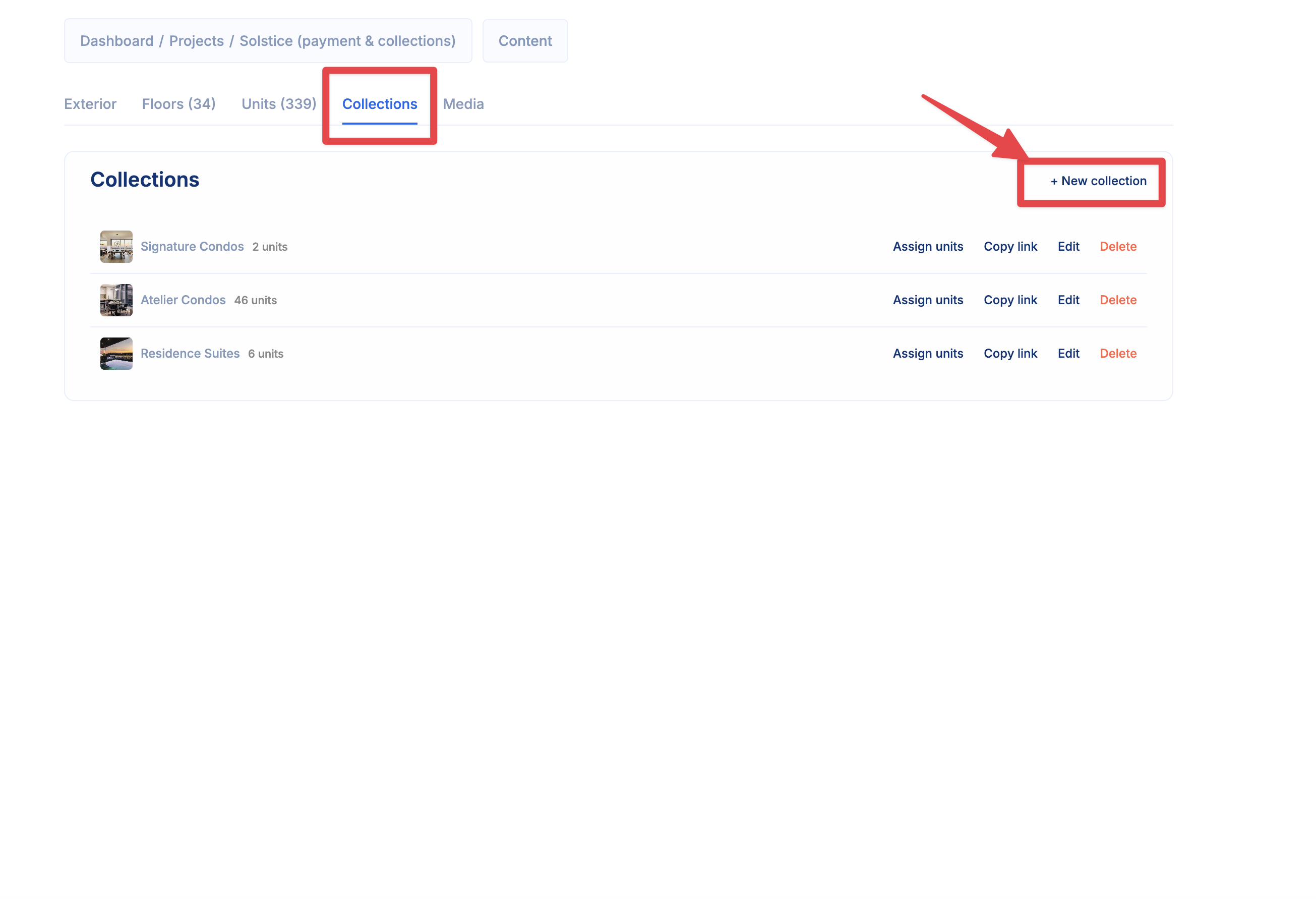 Project Collections tab with the New collection action highlighted