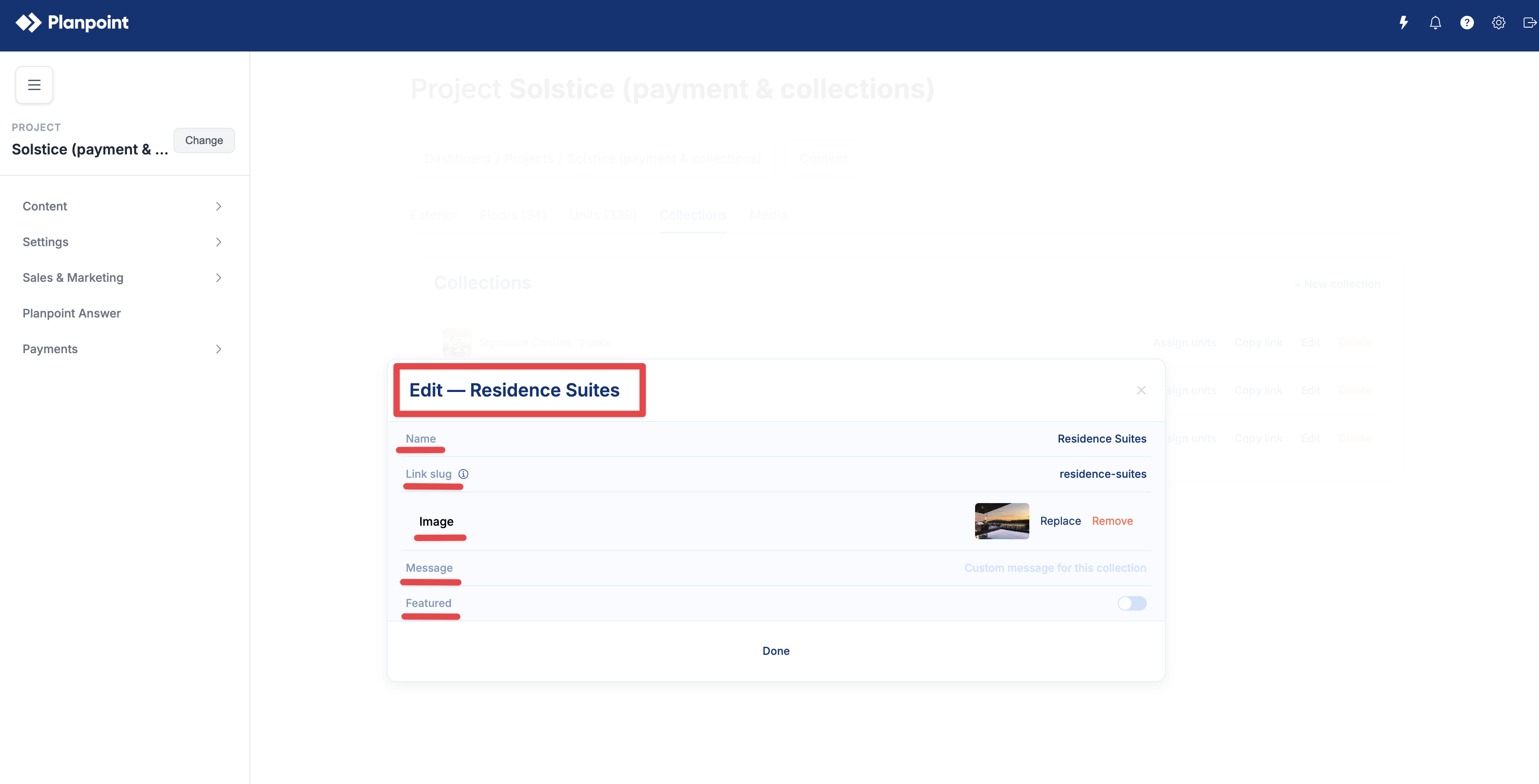 Collection Edit panel with name, link slug, image, message, and featured settings highlighted