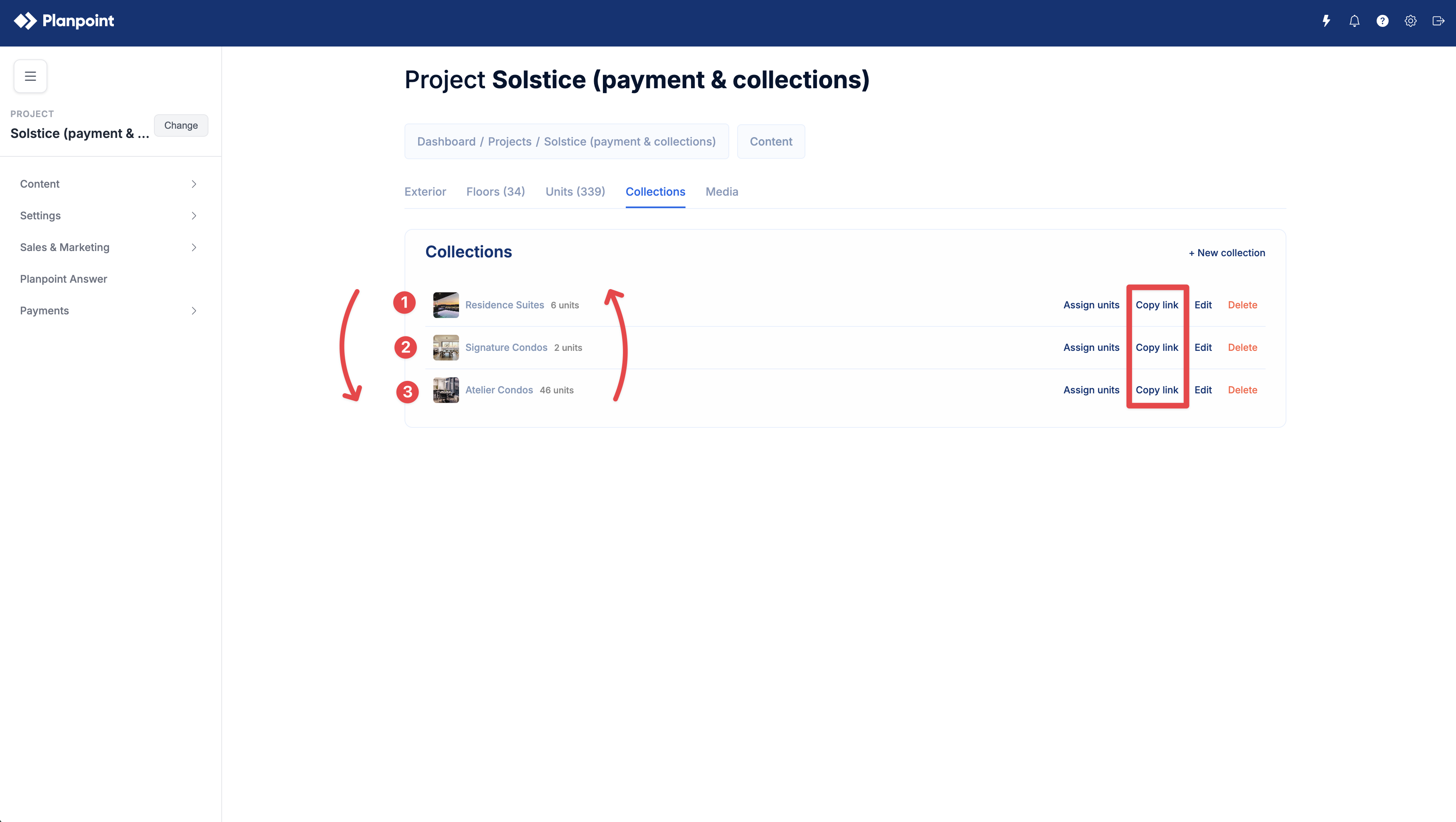 Collection list with drag ordering and Copy link actions highlighted