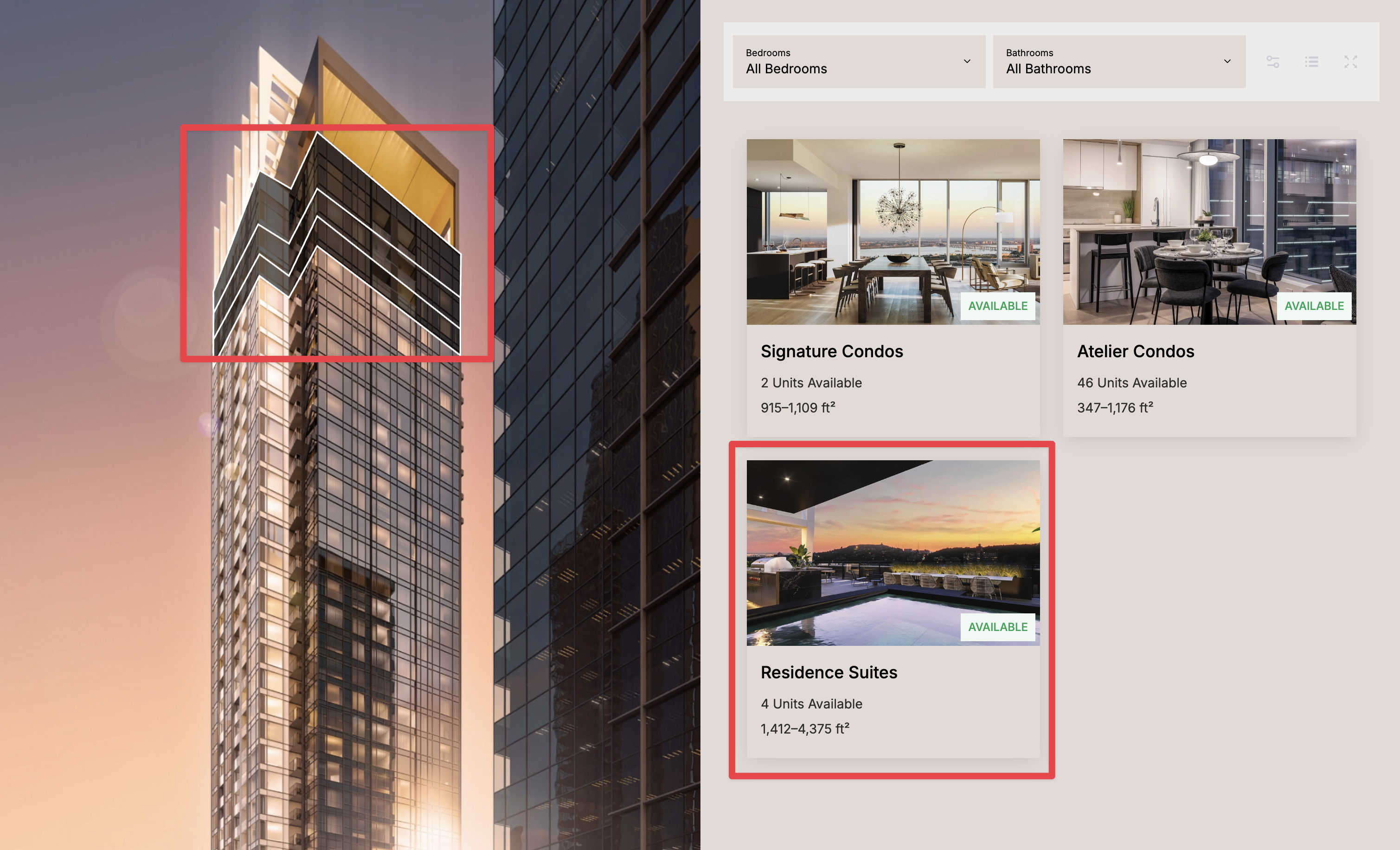 Viewer showing collection cards and the highlighted building floors represented by a selected collection