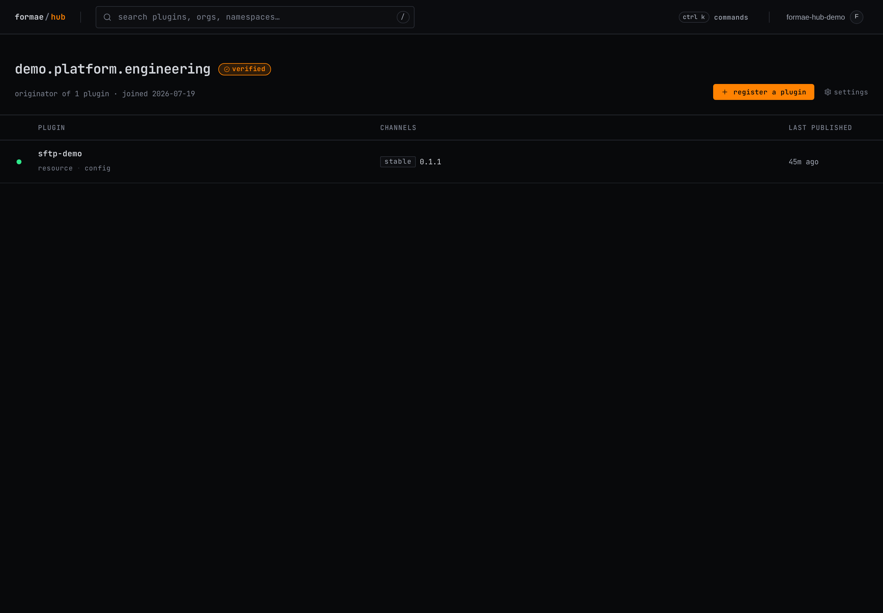 The organization page showing the plugin with a published stable version