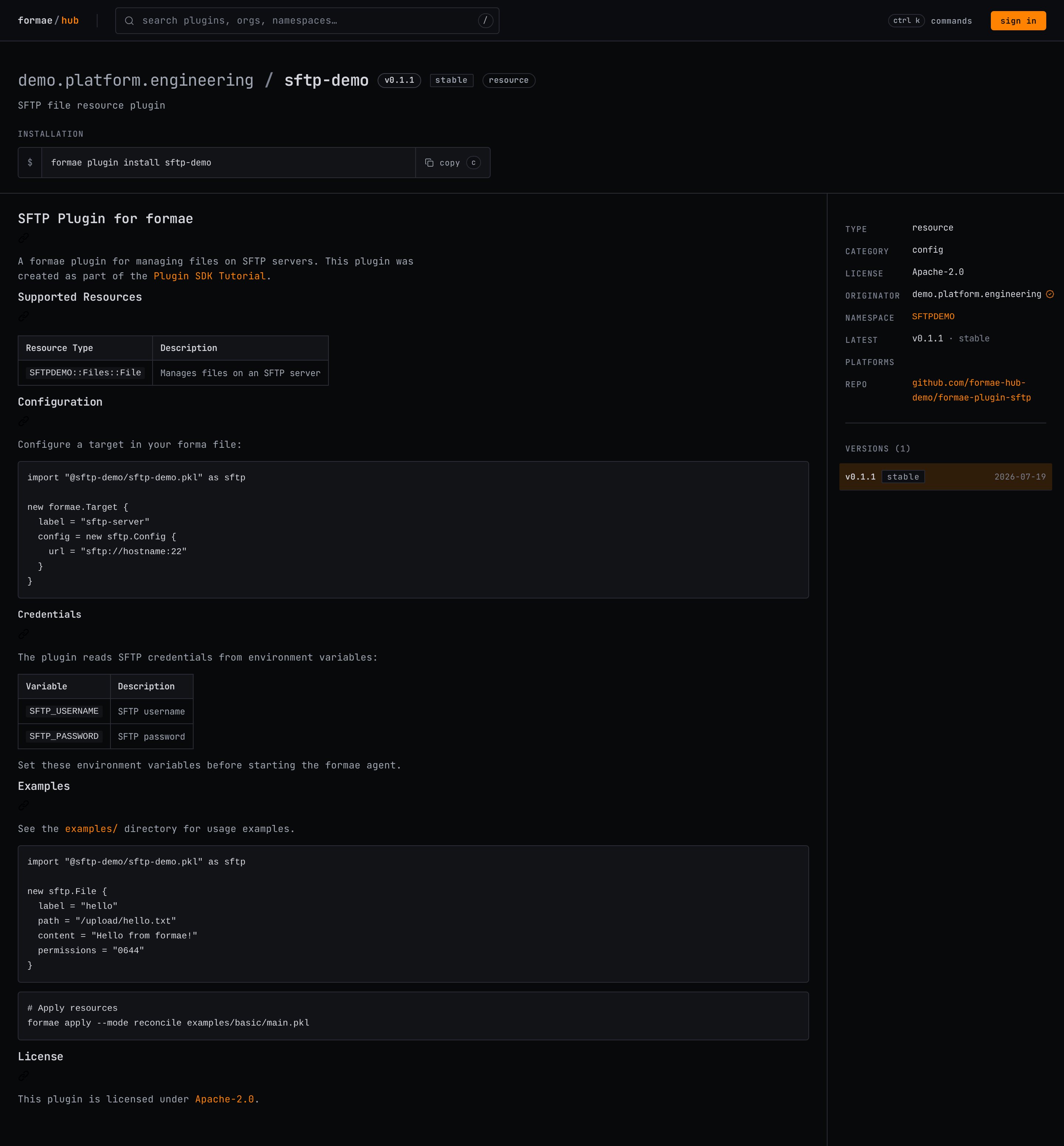 The published plugin page with the install command and version details