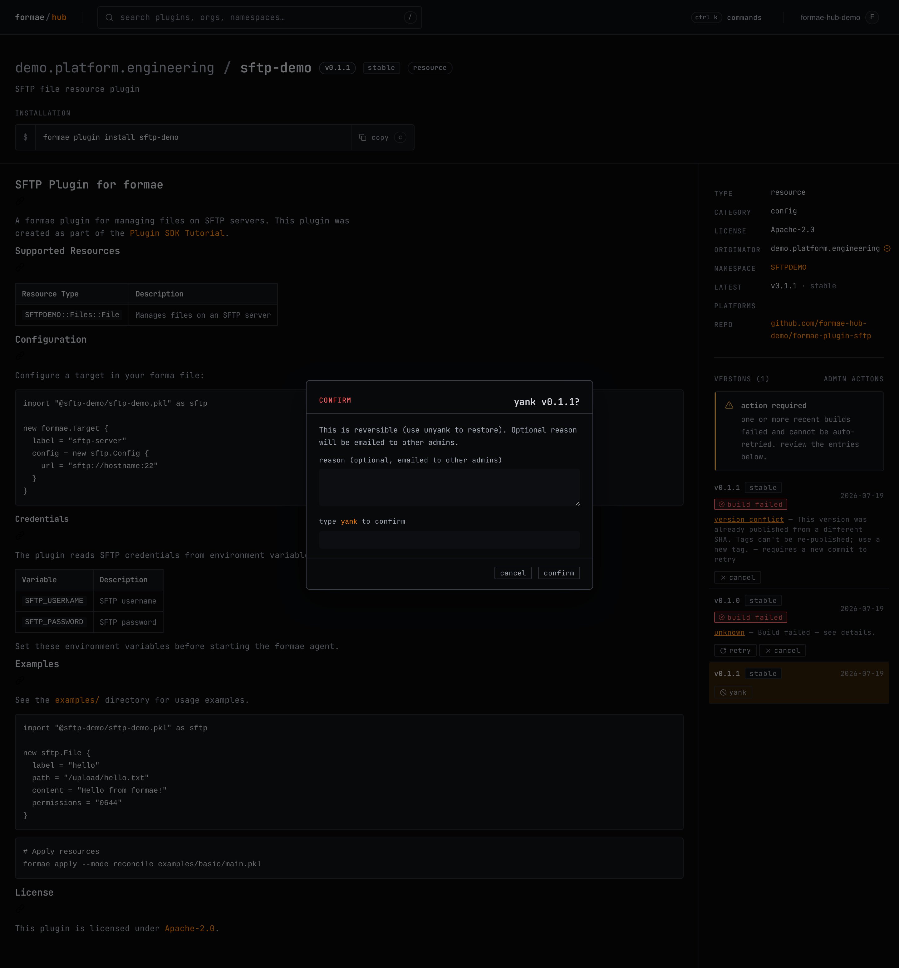 The yank confirmation dialog on a published version