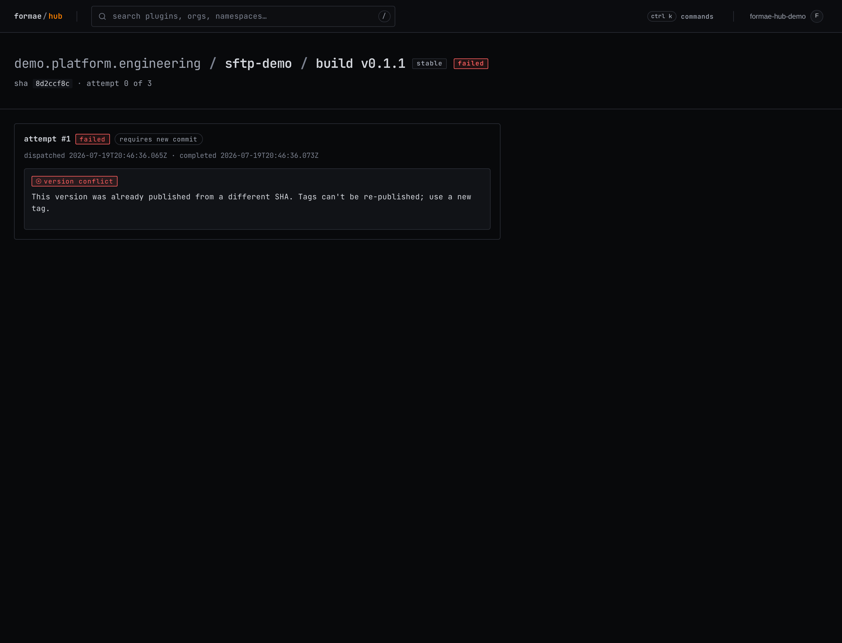 A failed build showing a version-conflict error with the full message