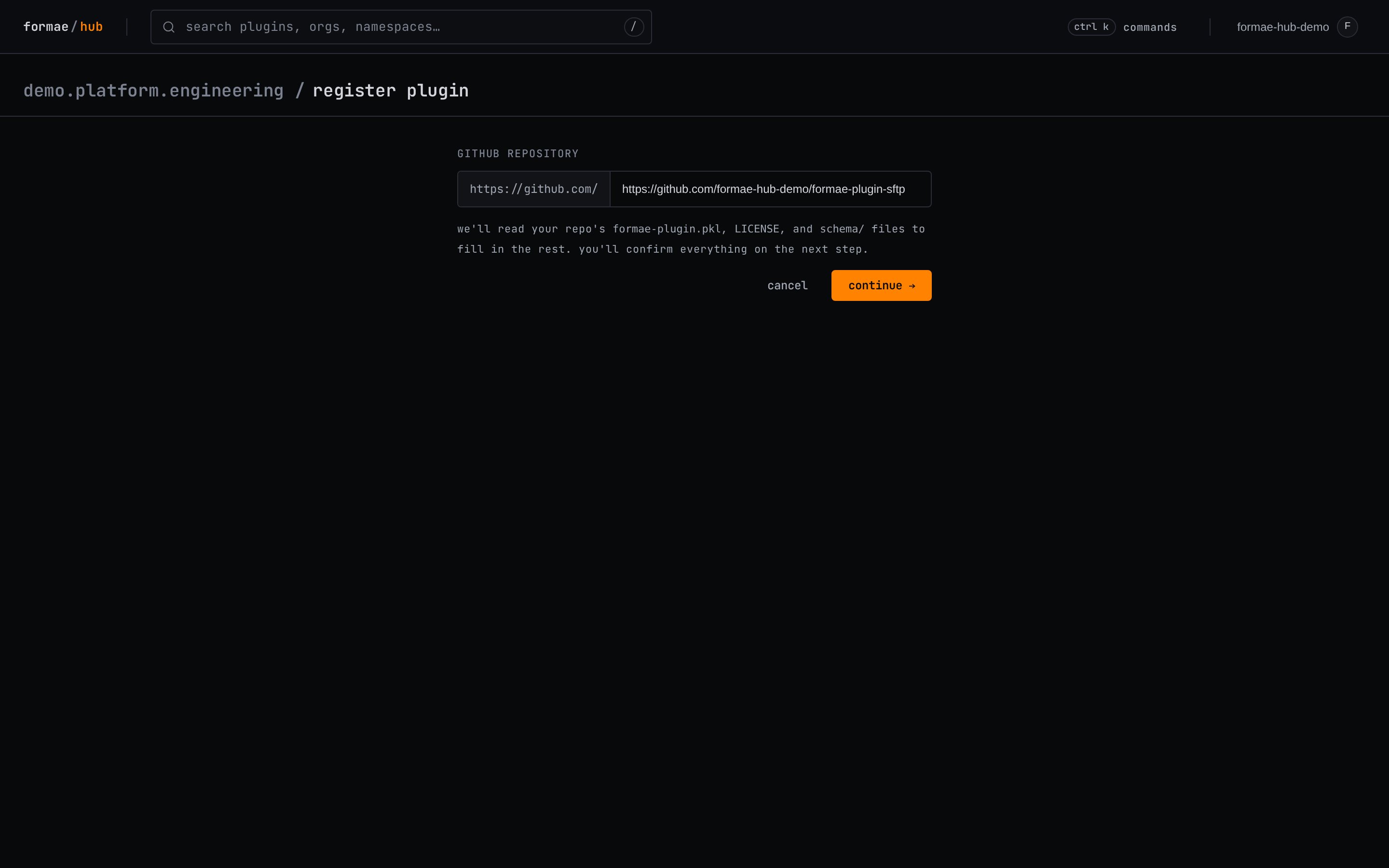 The register-plugin form with a GitHub repository URL entered