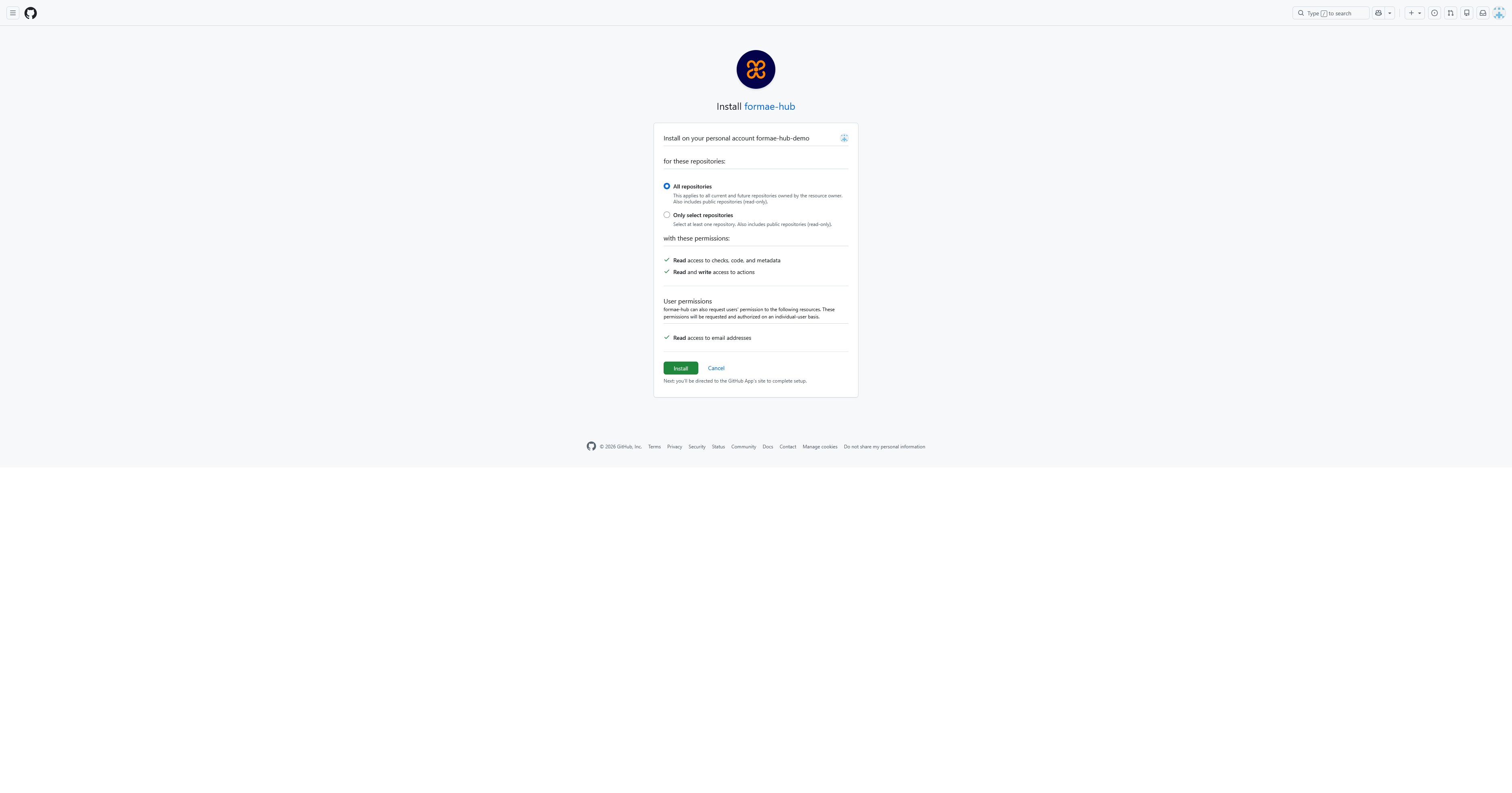 Installing the formae hub GitHub App on the plugin repository