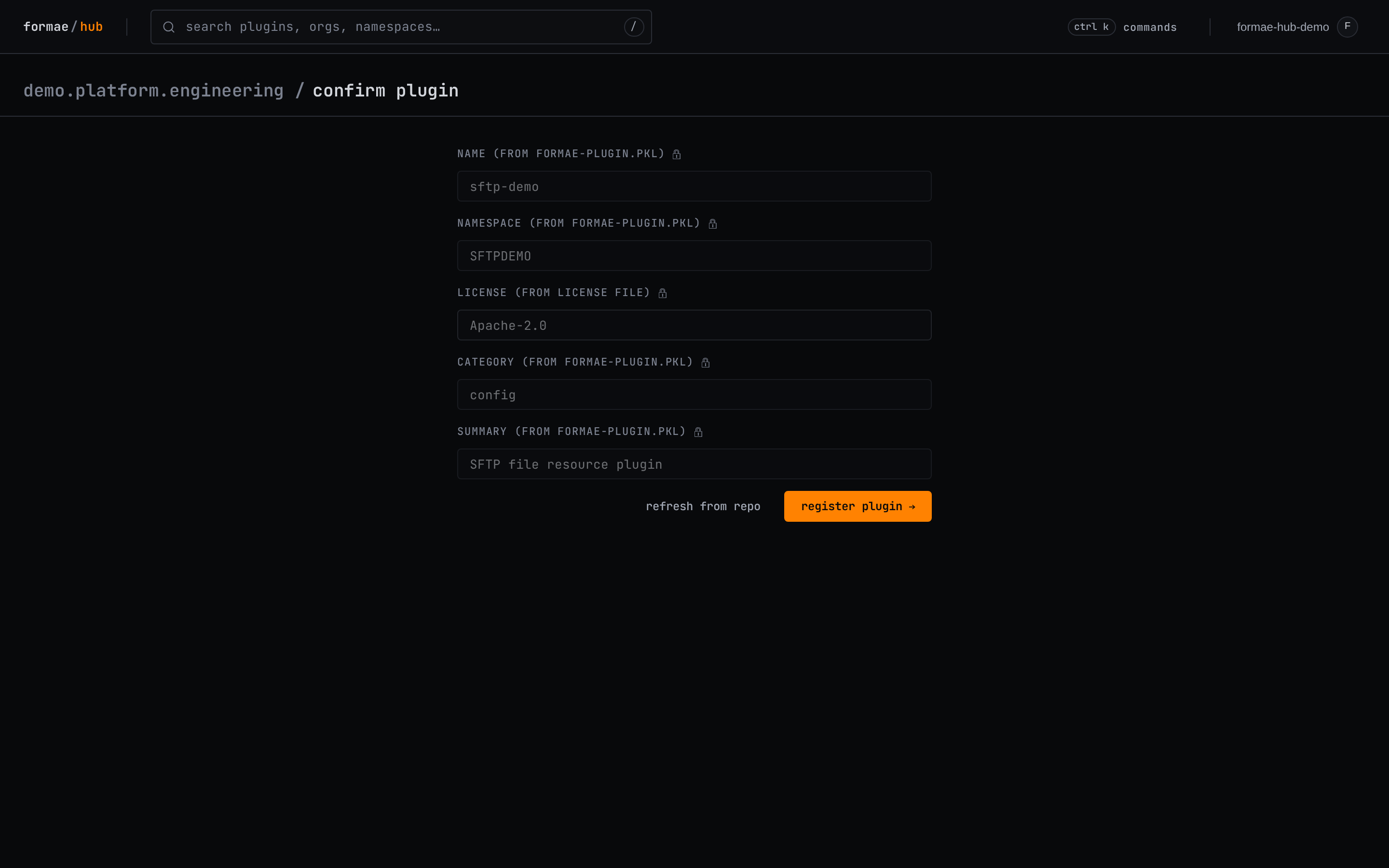 The confirm-plugin screen showing name, namespace, license, category, and summary read from the repository