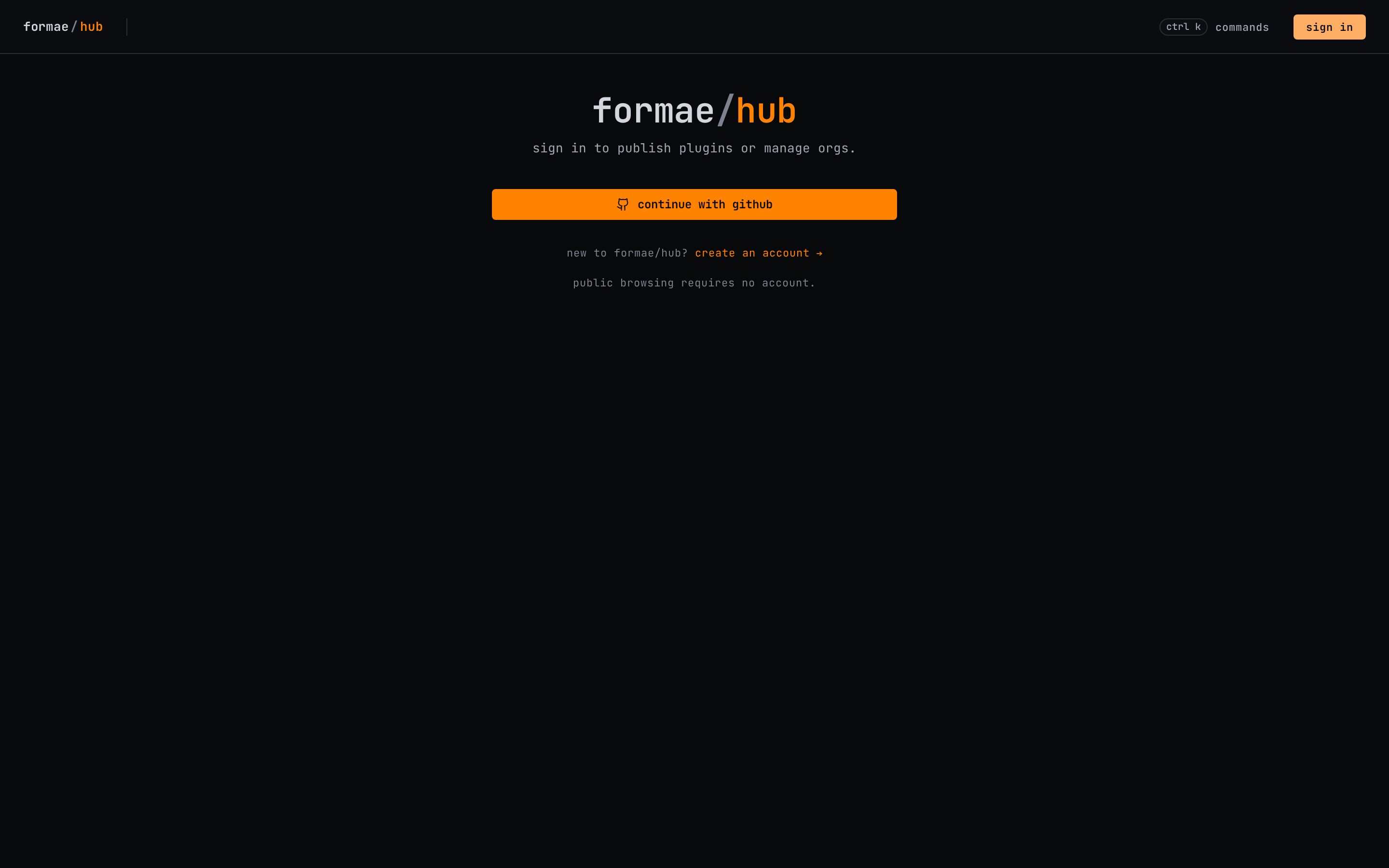 The formae hub sign-in page with a continue-with-GitHub button