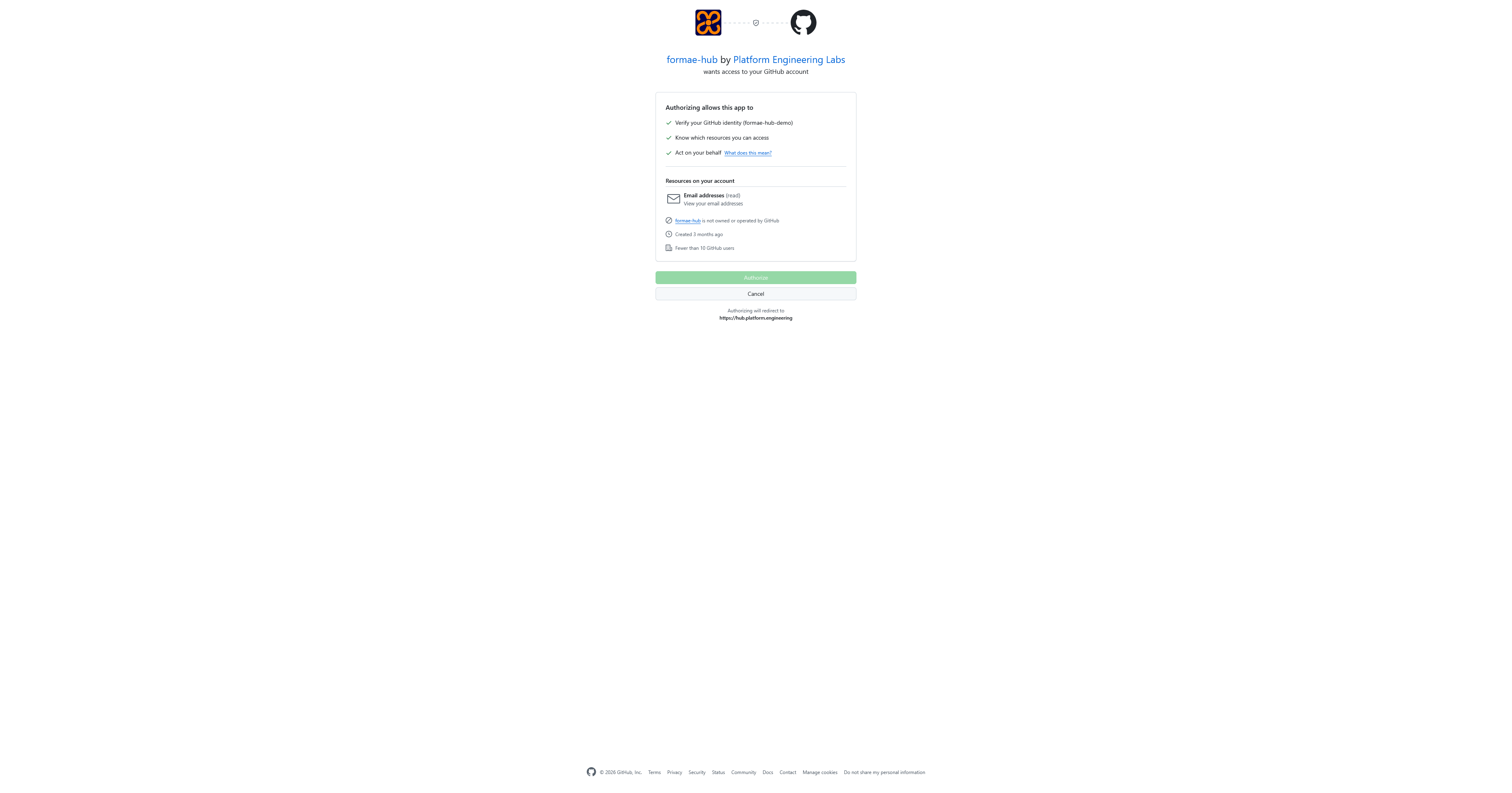 GitHub authorization screen for the formae hub application