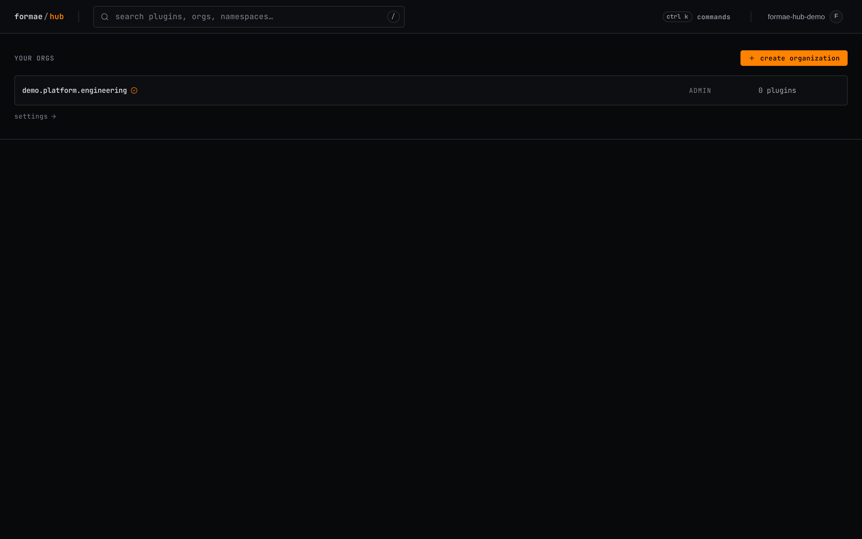 An empty hub dashboard prompting to create an organization