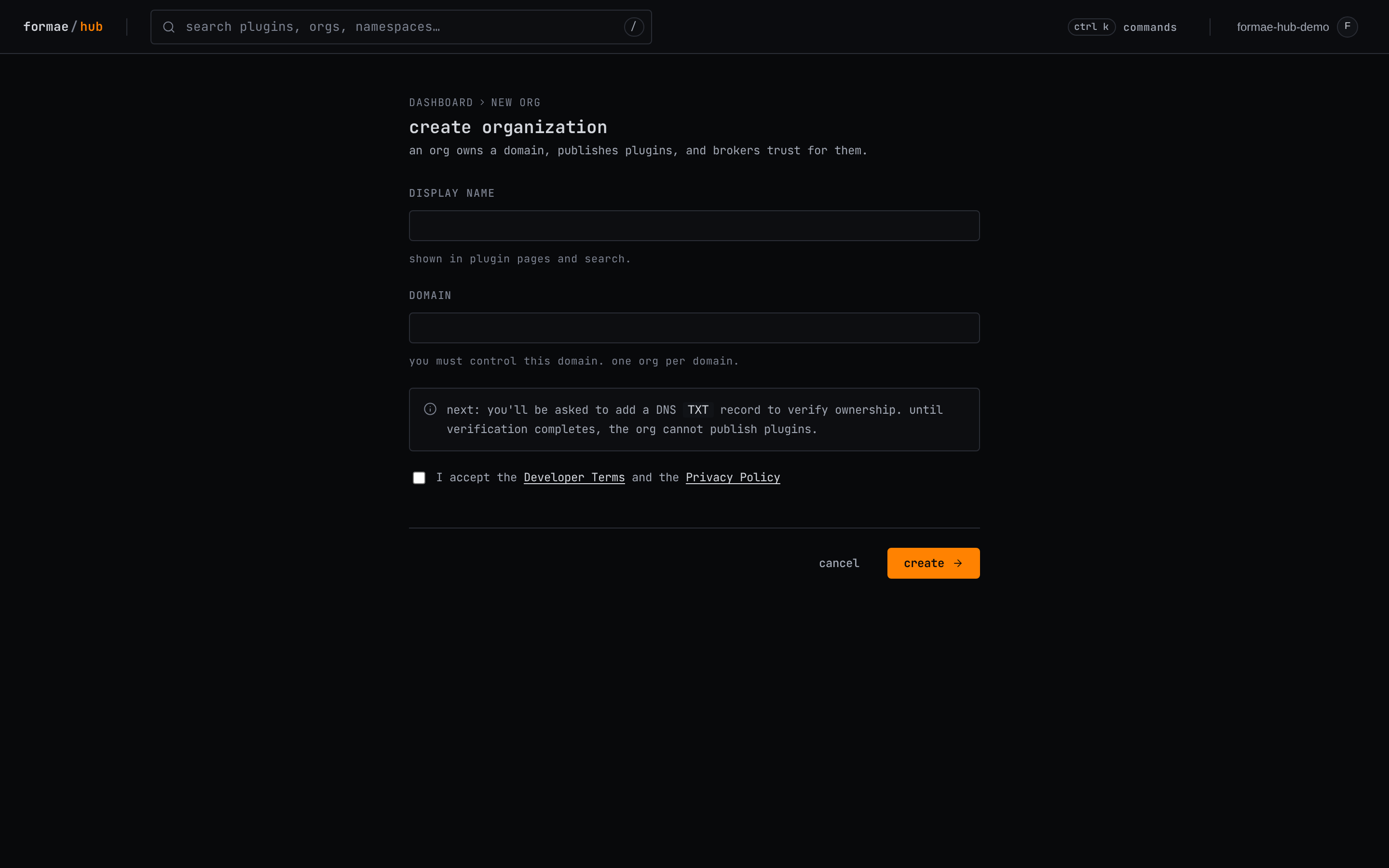 The create-organization form with display name and domain fields