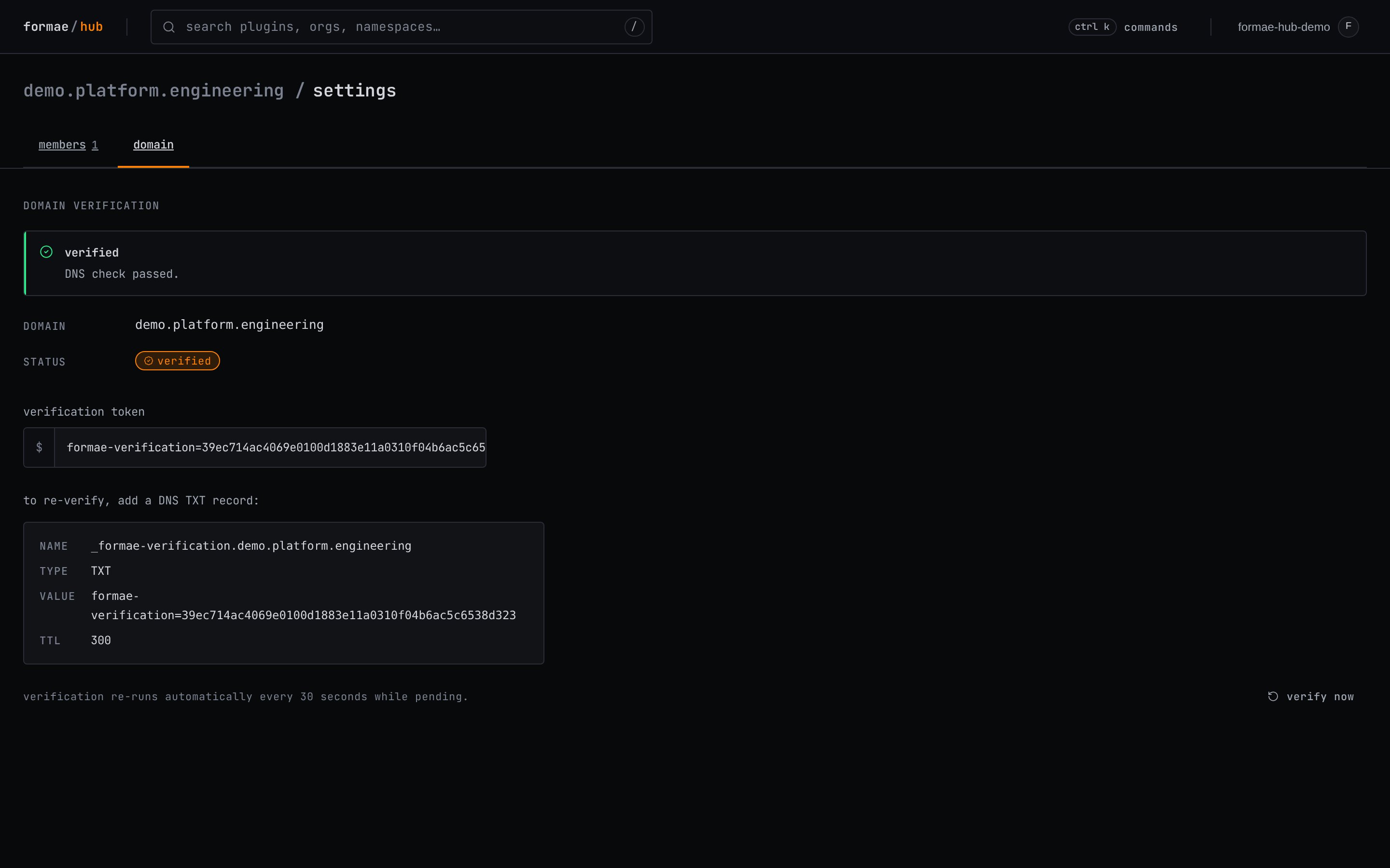 Domain verification succeeded, with the organization marked verified