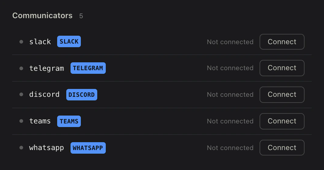 Communicators card in Studio with Connect buttons for slack, telegram, discord, teams, and whatsapp