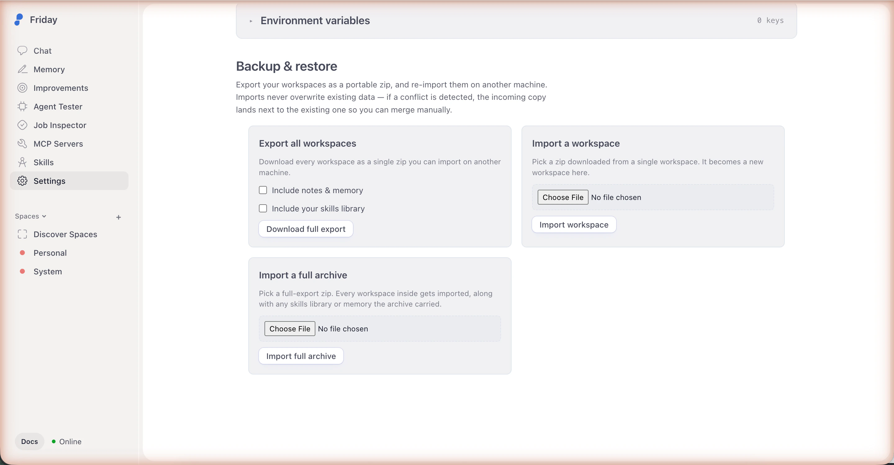 Backup and restore section in Settings showing the three cards