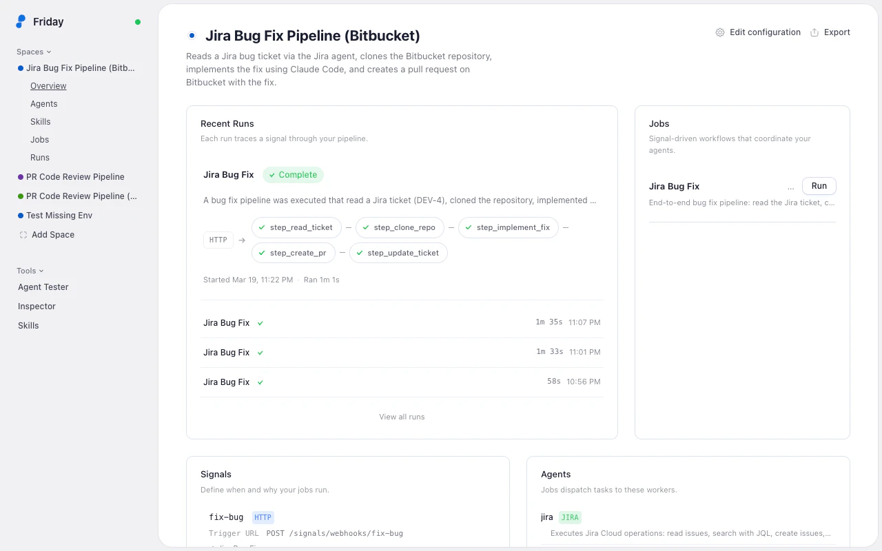 Space dashboard showing recent runs, jobs, signals, and agents