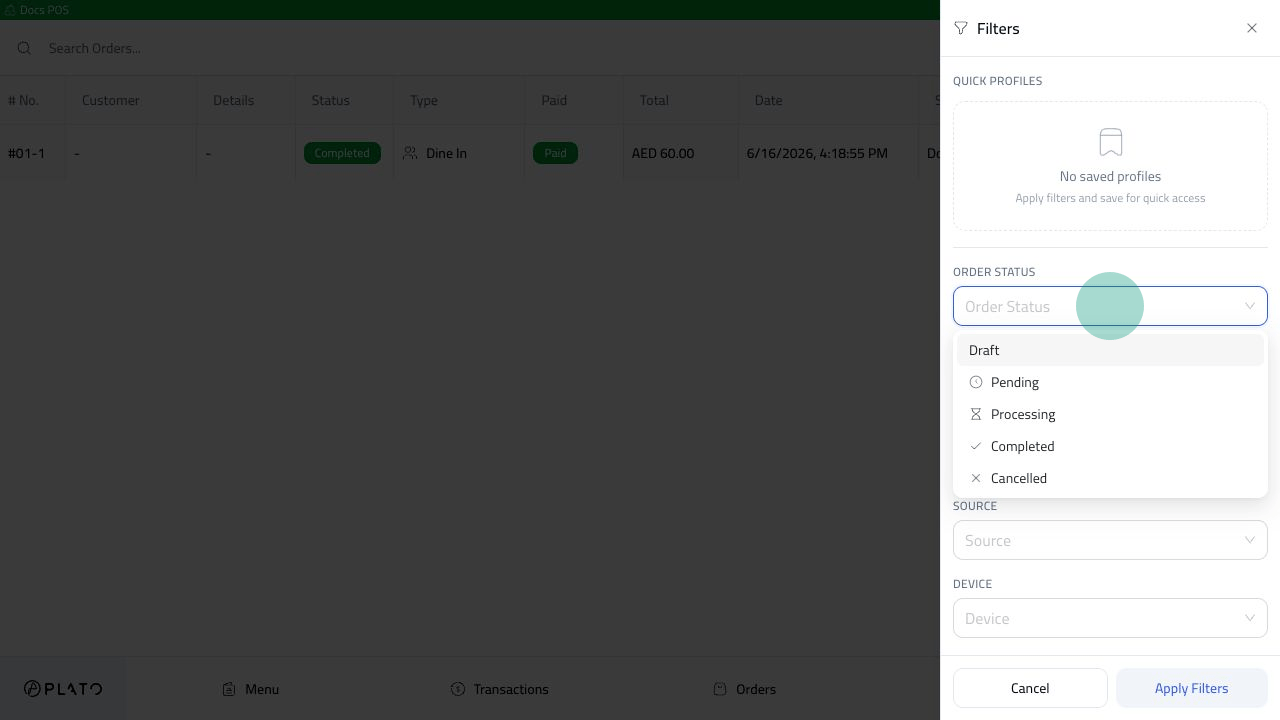 Order status filter options