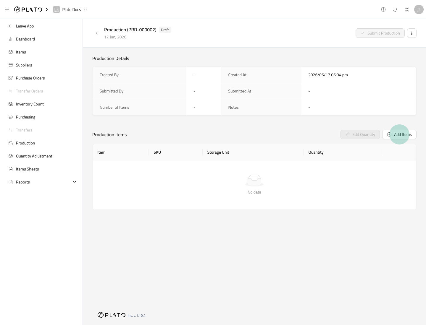 Add production items action