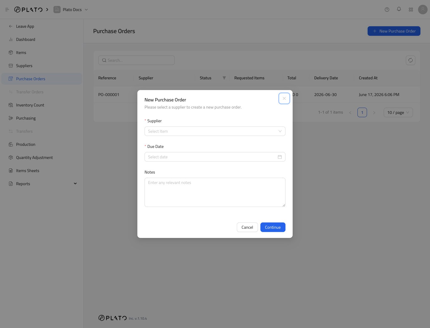 New purchase order modal
