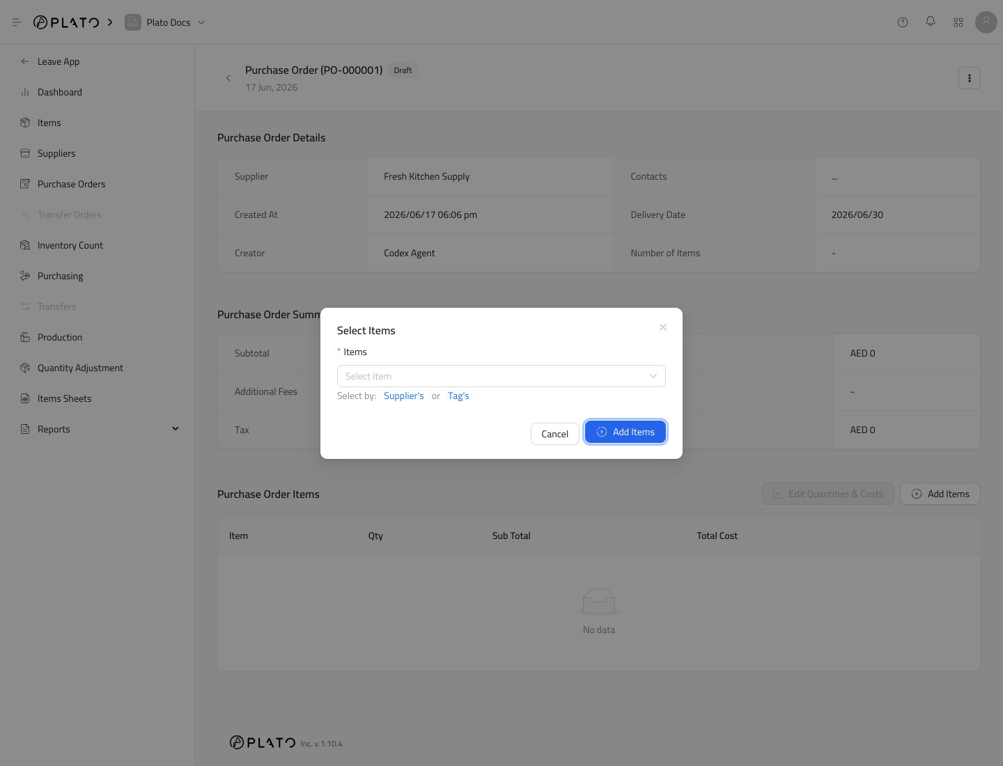 Purchase order item selector