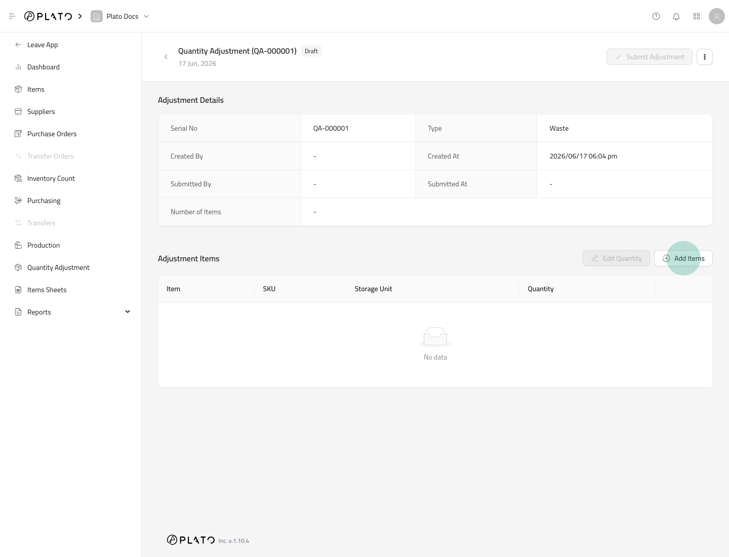 Add adjustment items action