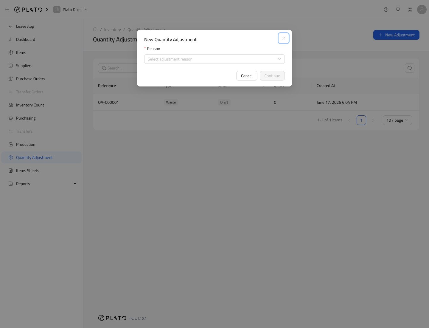 Adjustment reason modal