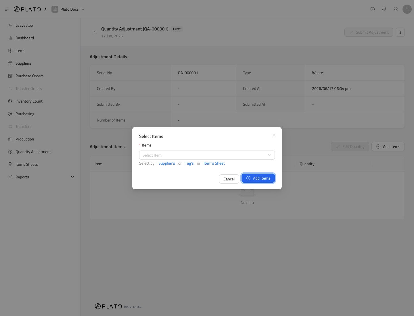 Adjustment item selector