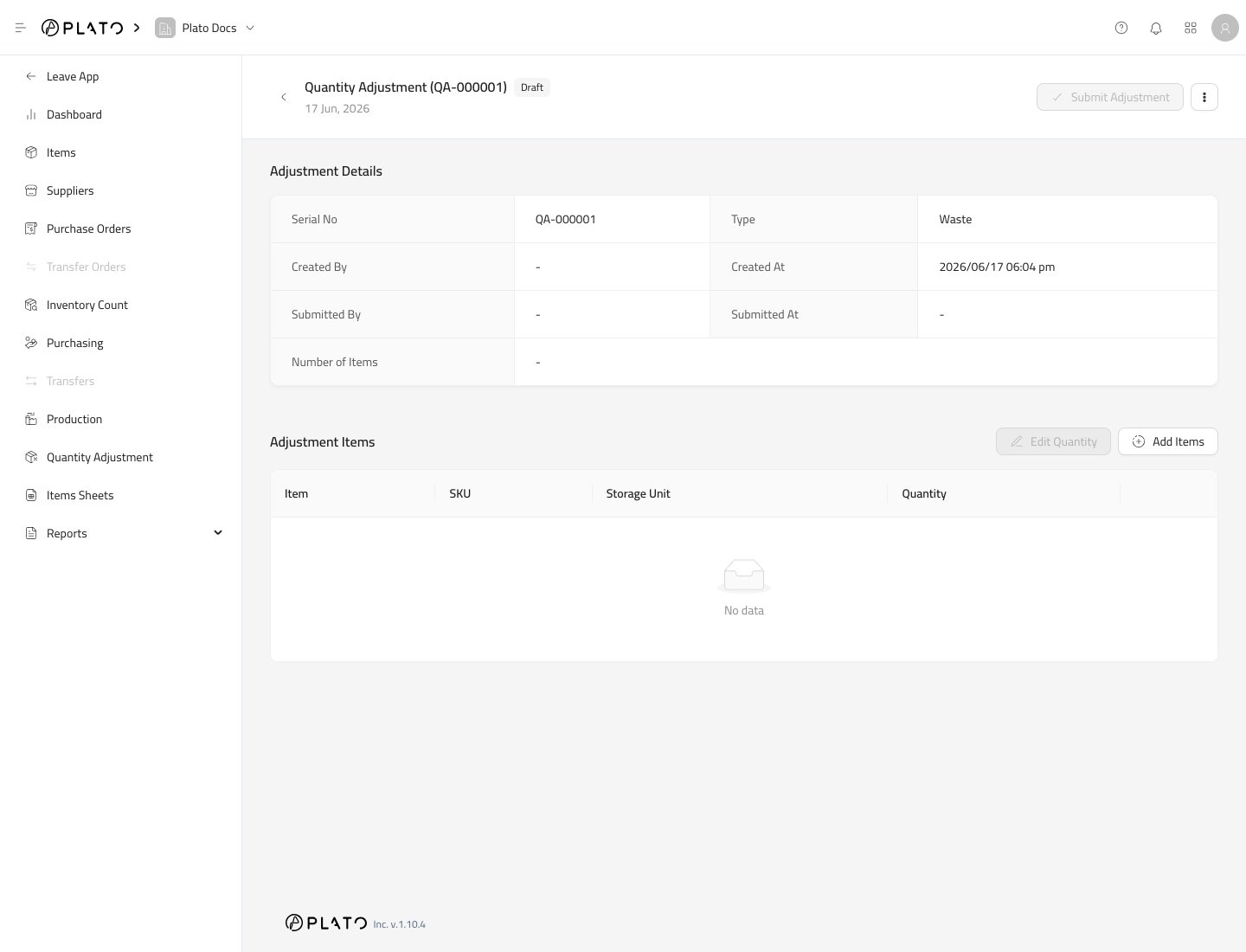 Quantity adjustment detail