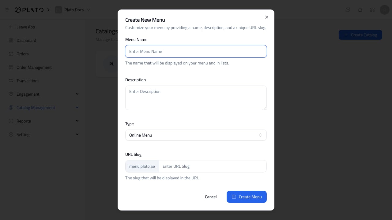 Create catalog dialog