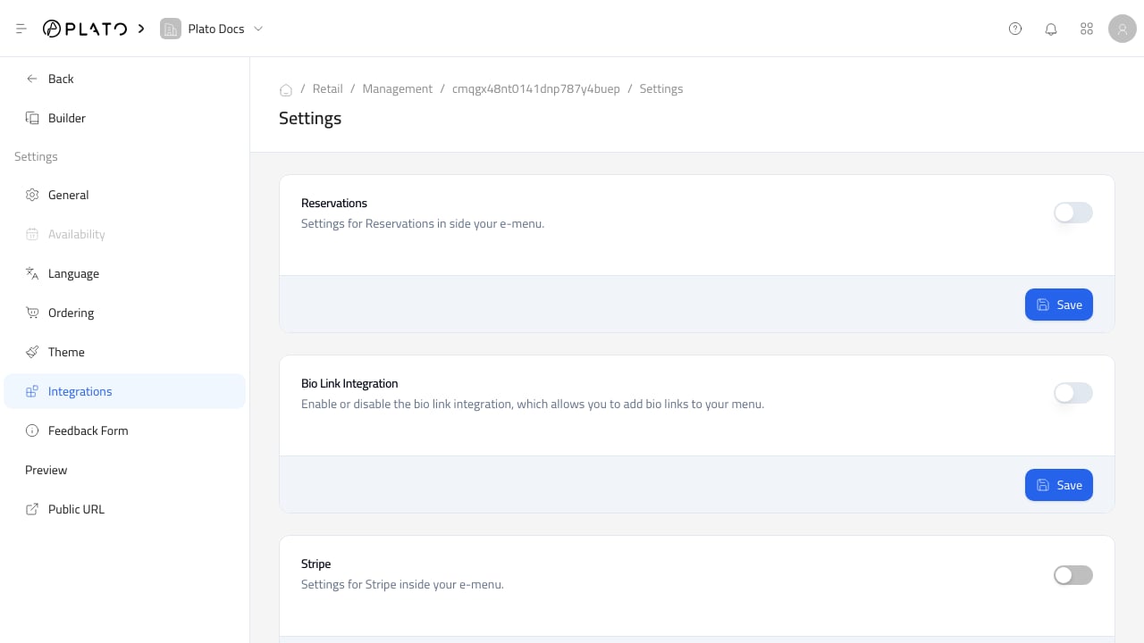 Integrations settings