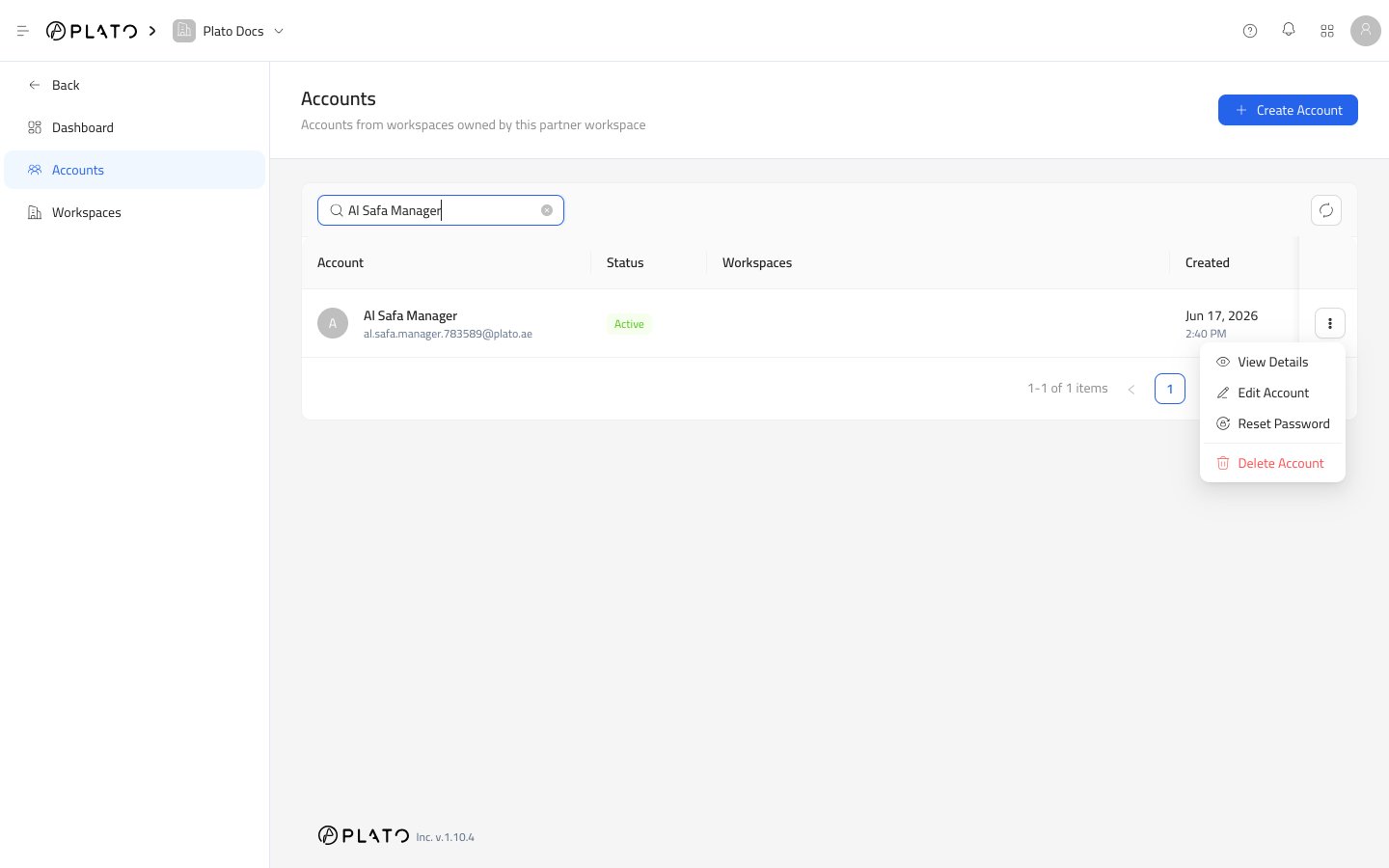 Account actions menu