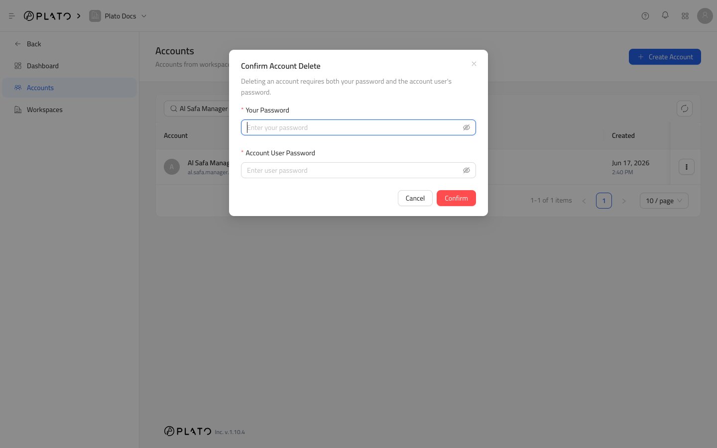 Confirm account delete