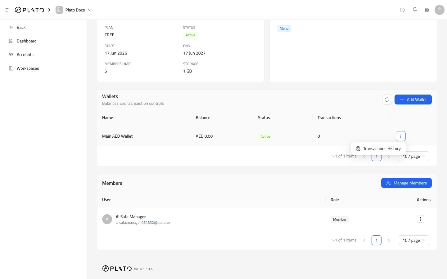 Wallet actions menu