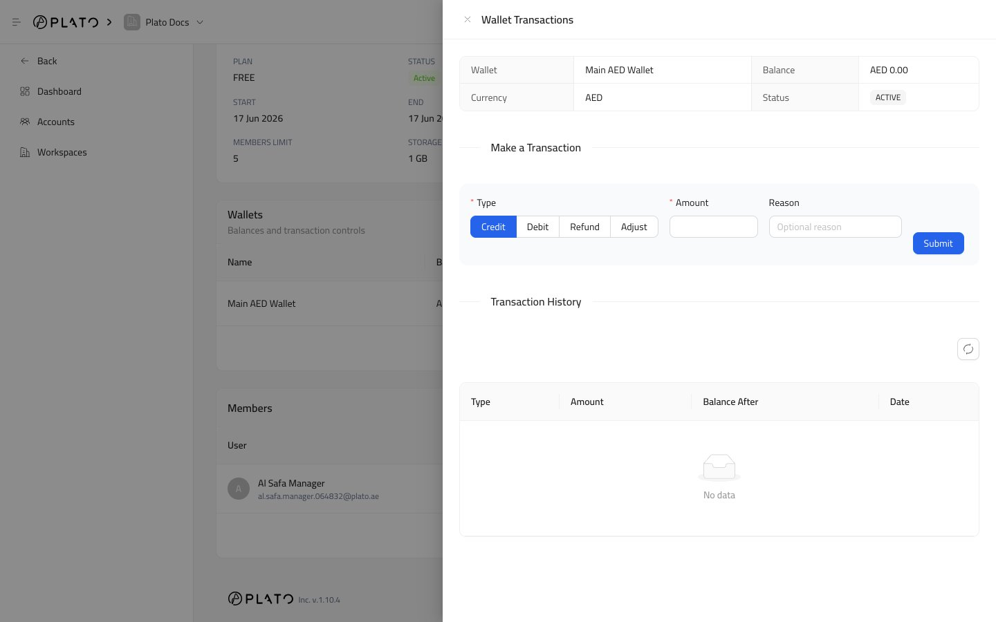 Wallet transactions drawer