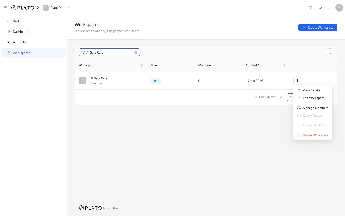 Workspace actions menu