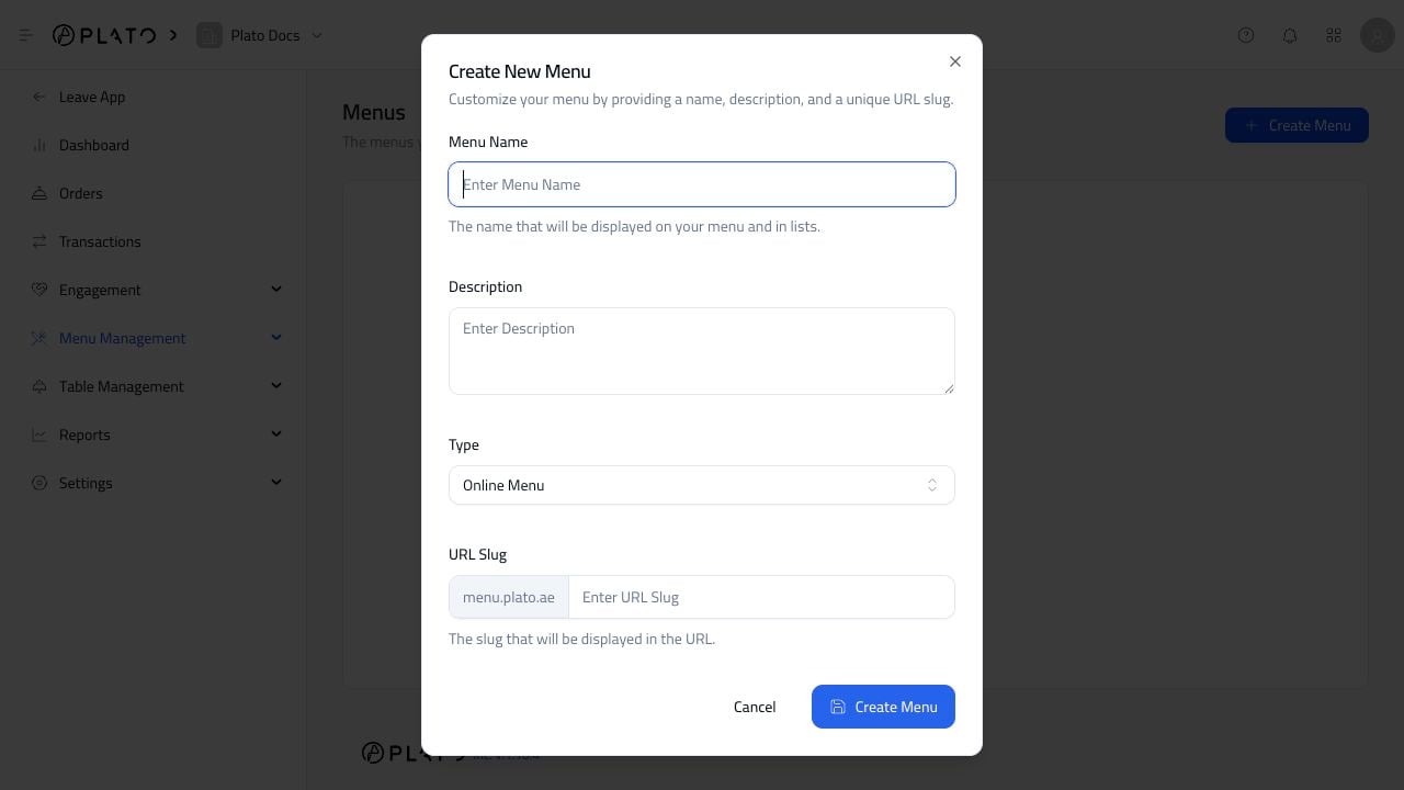 Create menu dialog