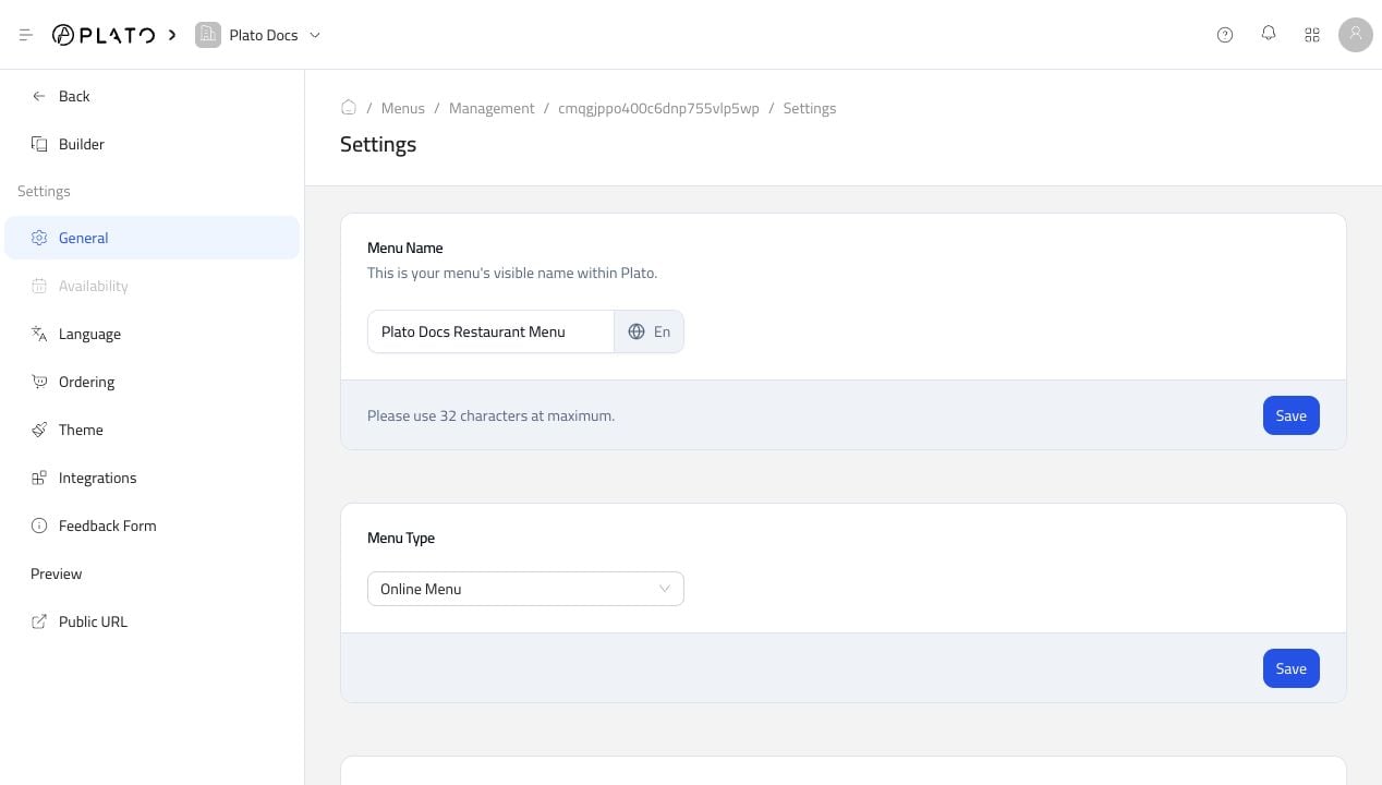 Menu general settings