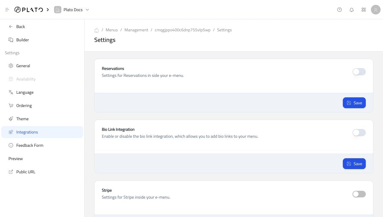 Menu integrations