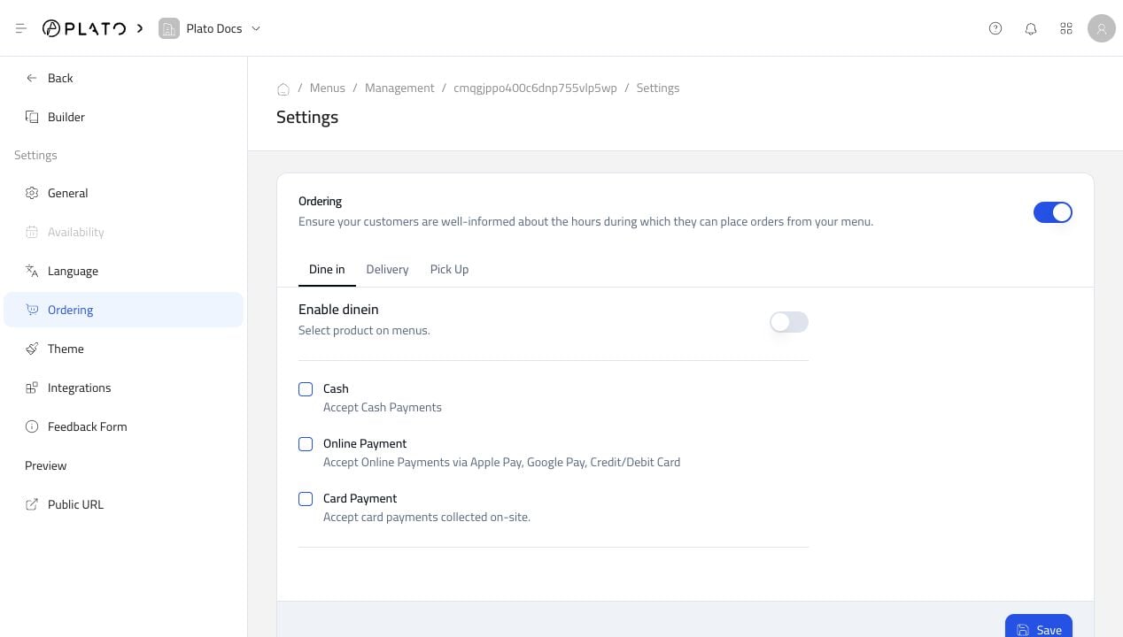 Ordering settings