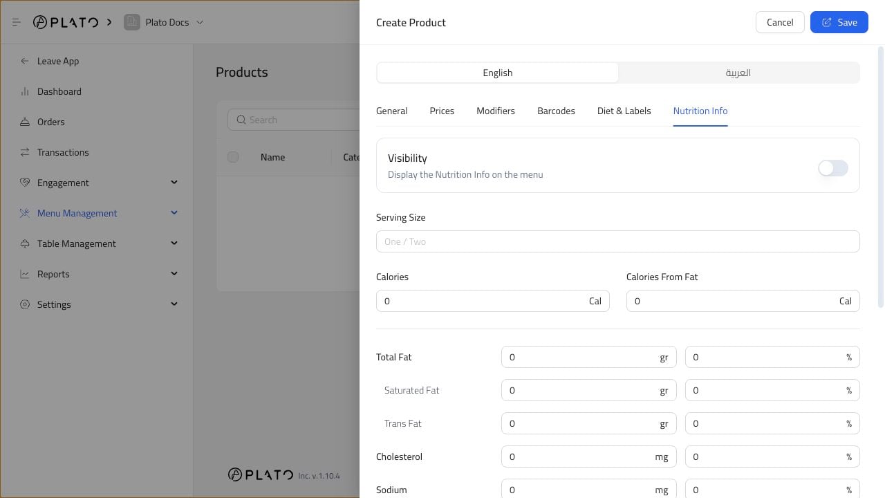 Nutrition info tab
