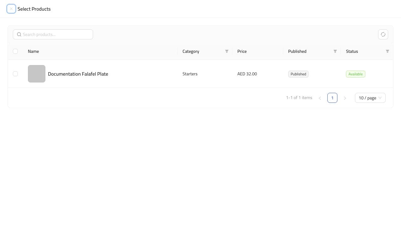Select products dialog
