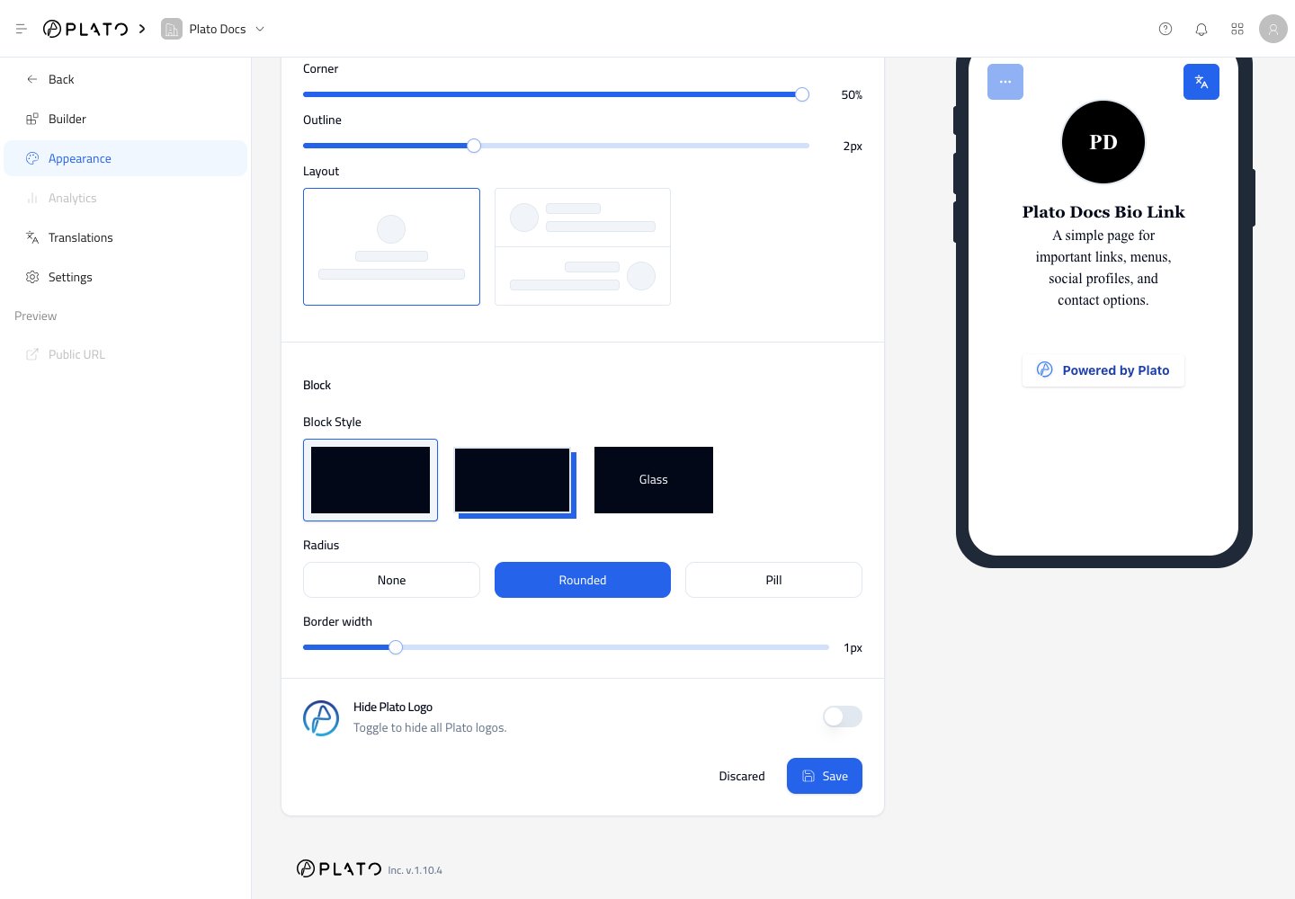 Bio Link block style settings