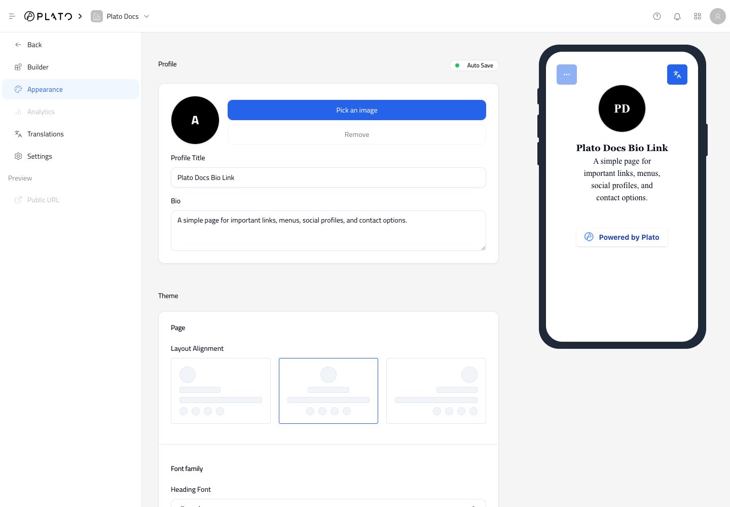Bio Link profile settings