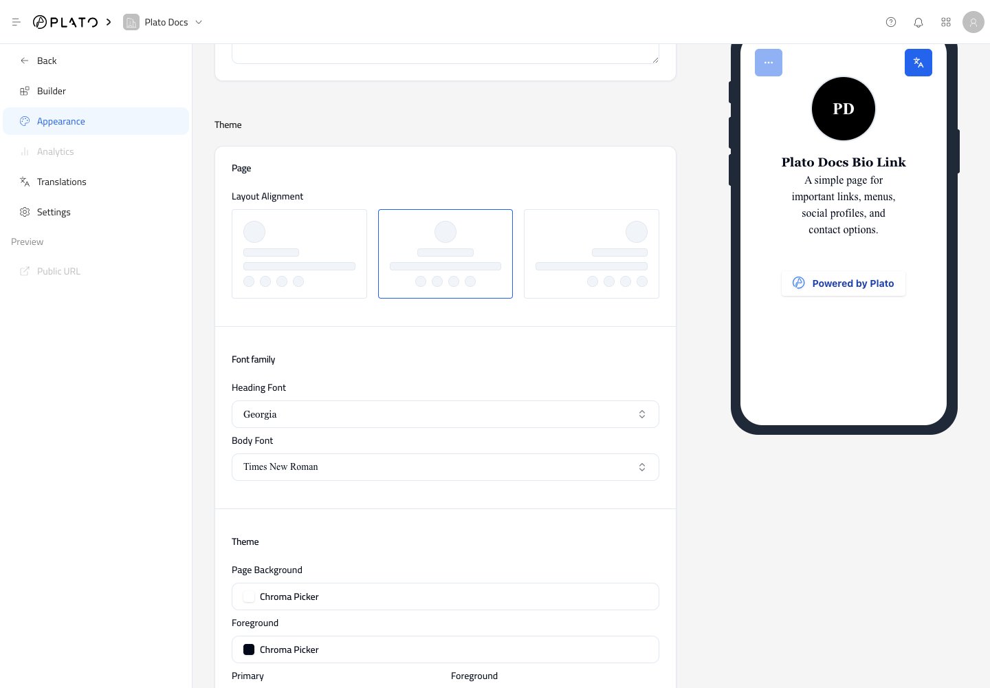 Bio Link theme settings